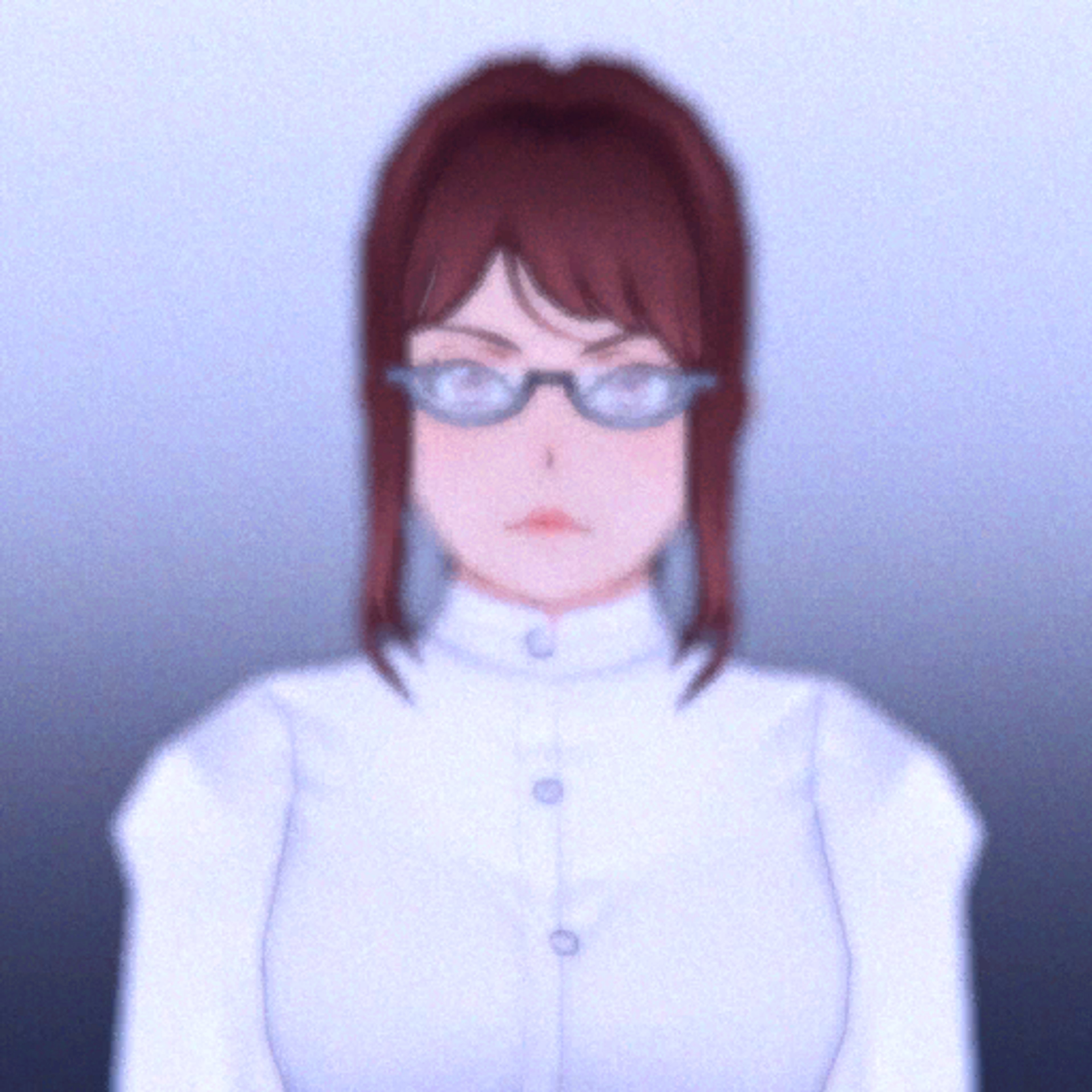 A woman with brown hair and glasses wearing a white collared shirt