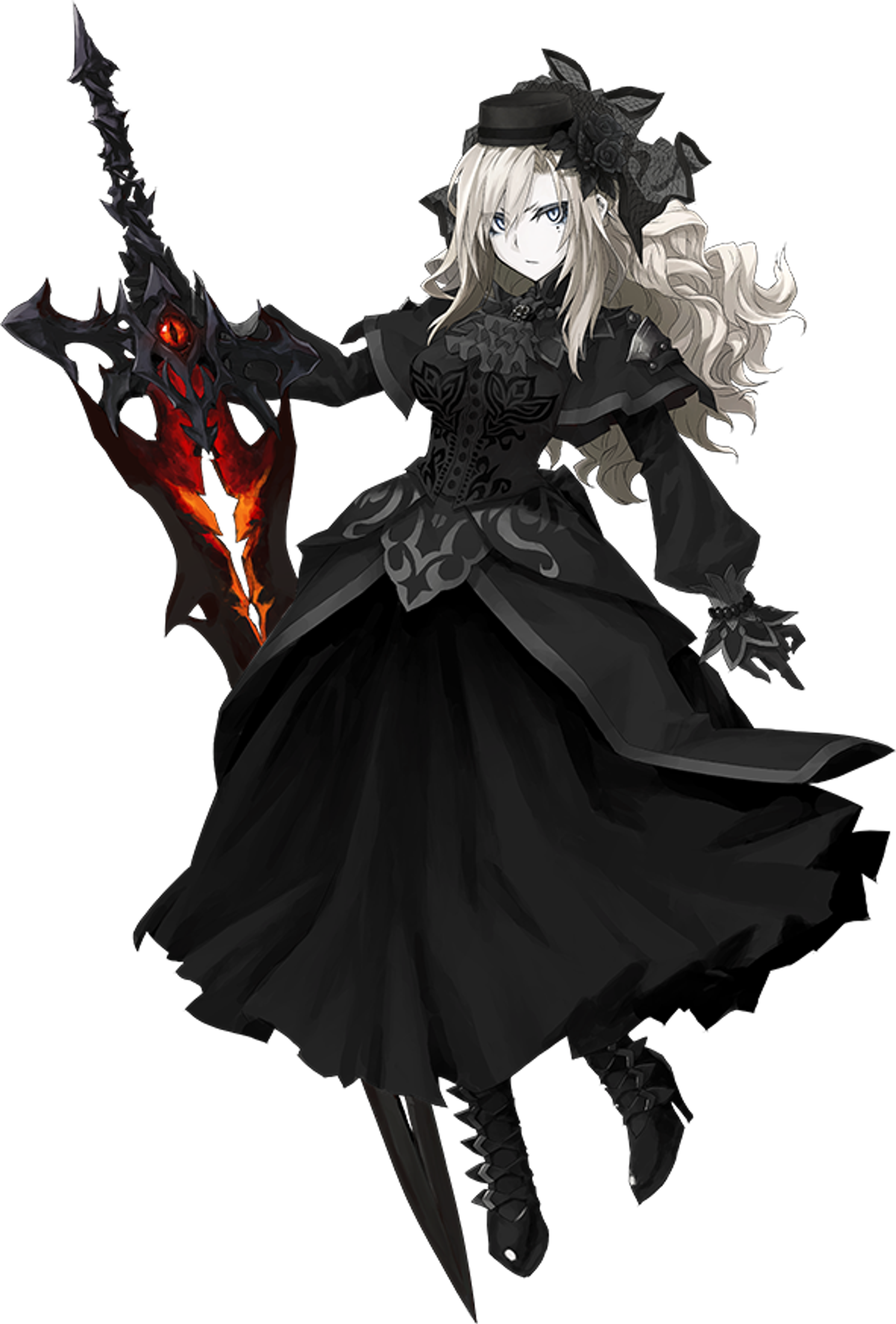 A powerful female character in a black dress holding a fiery weapon