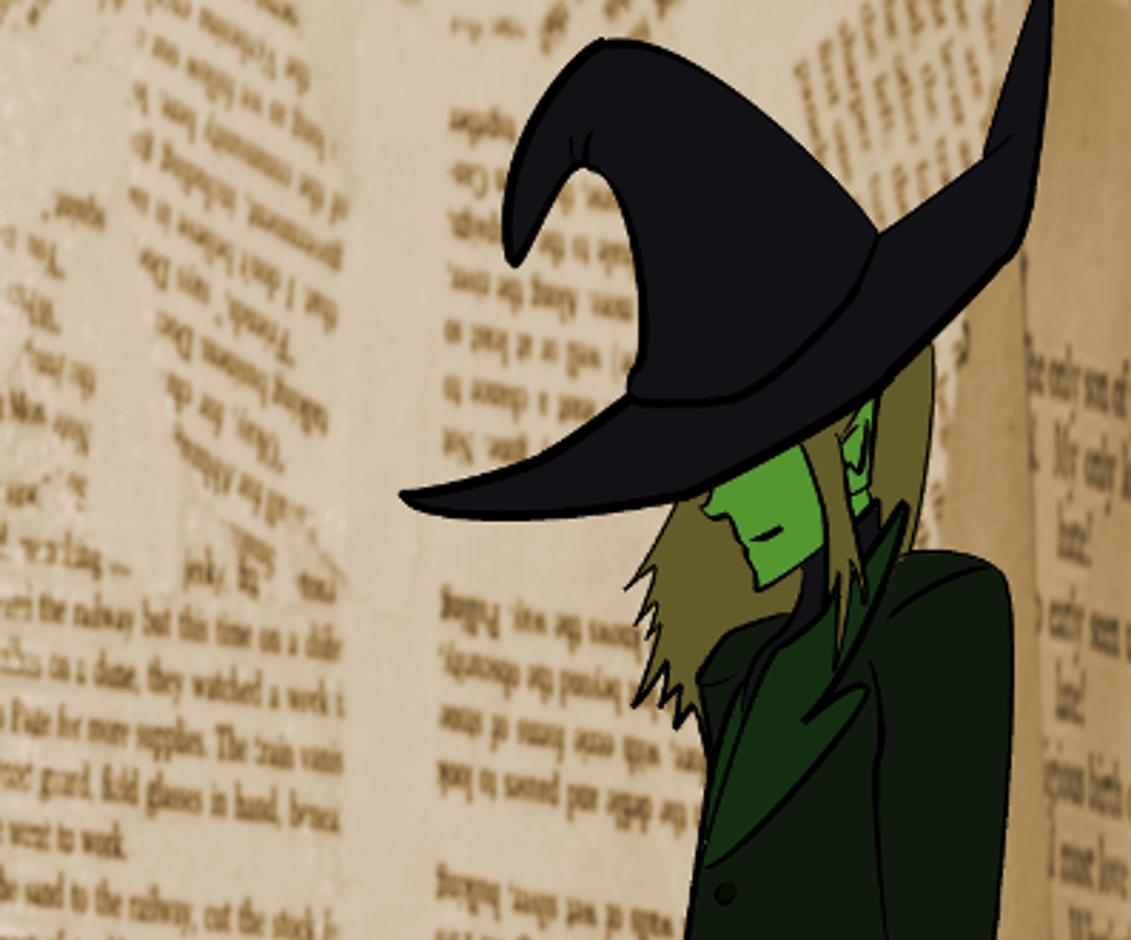 A cartoon witch-like character with green skin, a large black hat, and a dark green cloak.