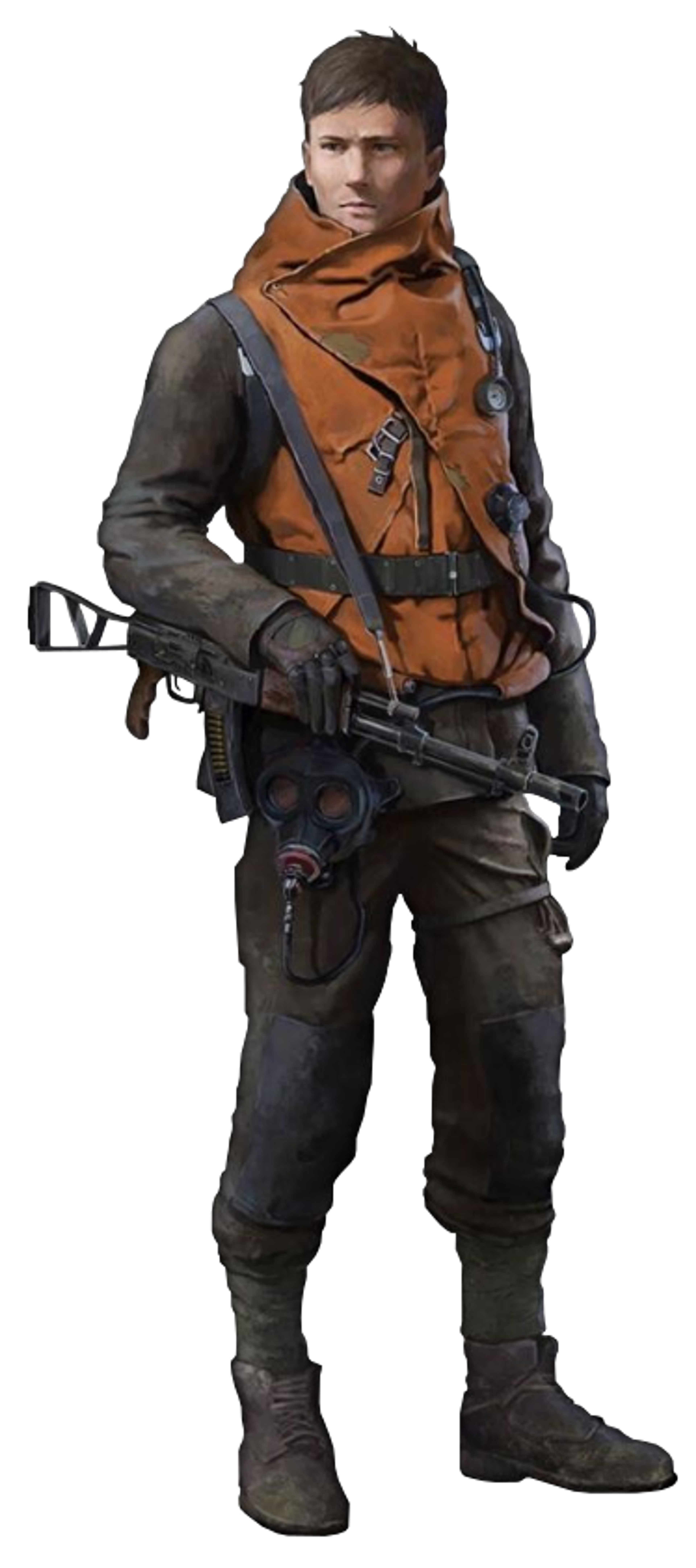 A young man in military-style clothing holding a rifle in a post-apocalyptic setting