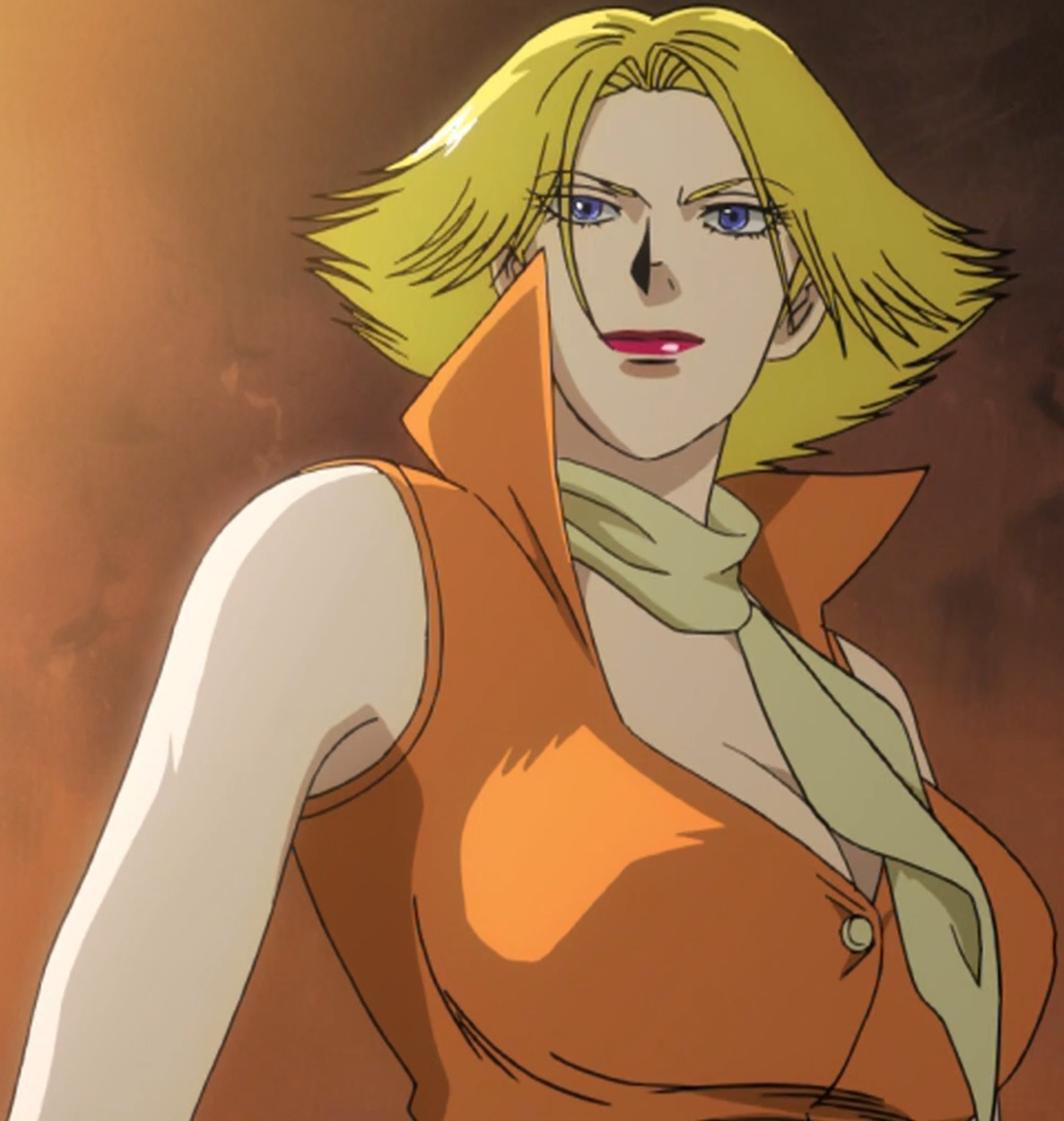 A young woman with blonde hair wearing an orange jacket, with a serious expression on her face.