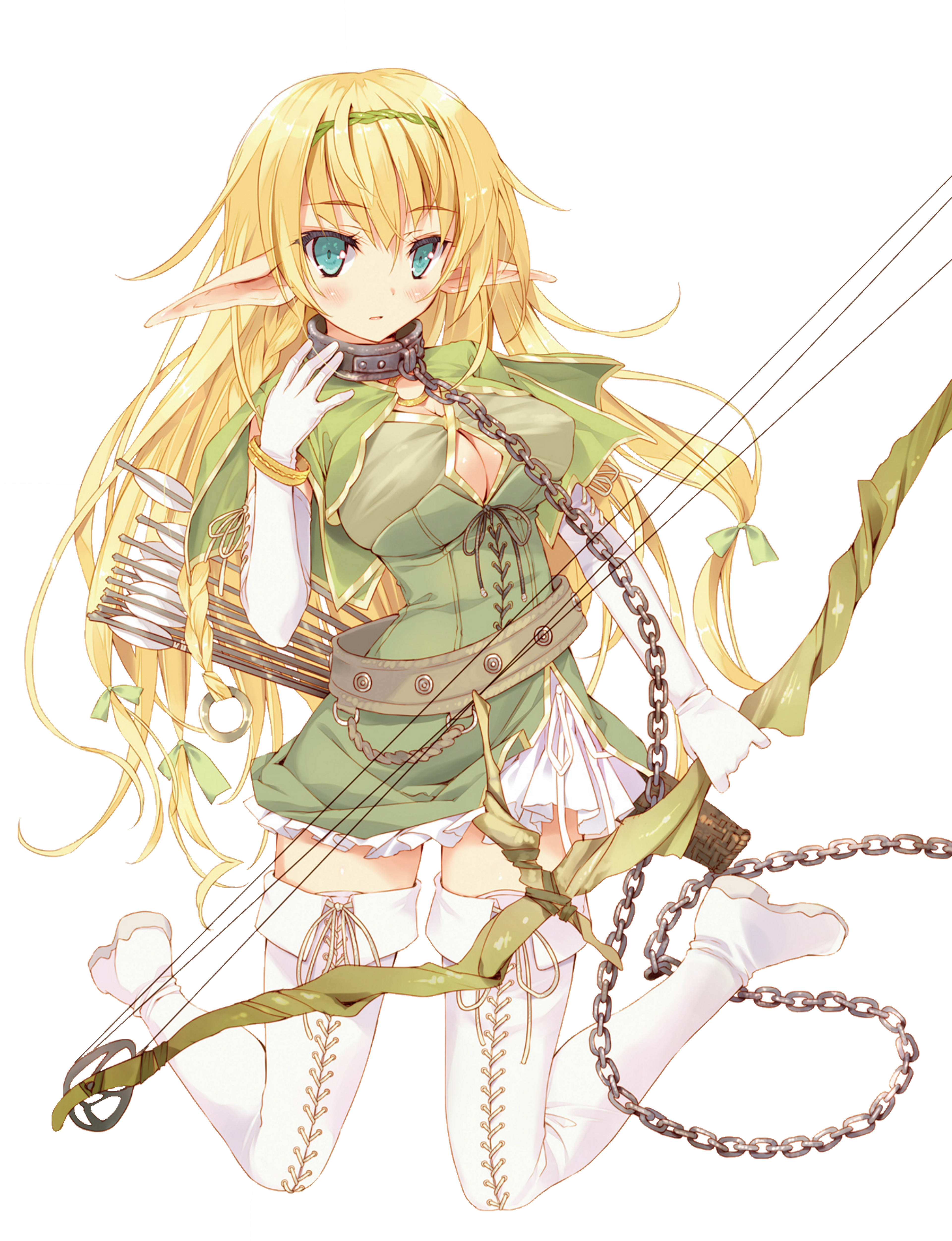 A fantasy elf queen with long blonde hair and a green dress, holding a staff.