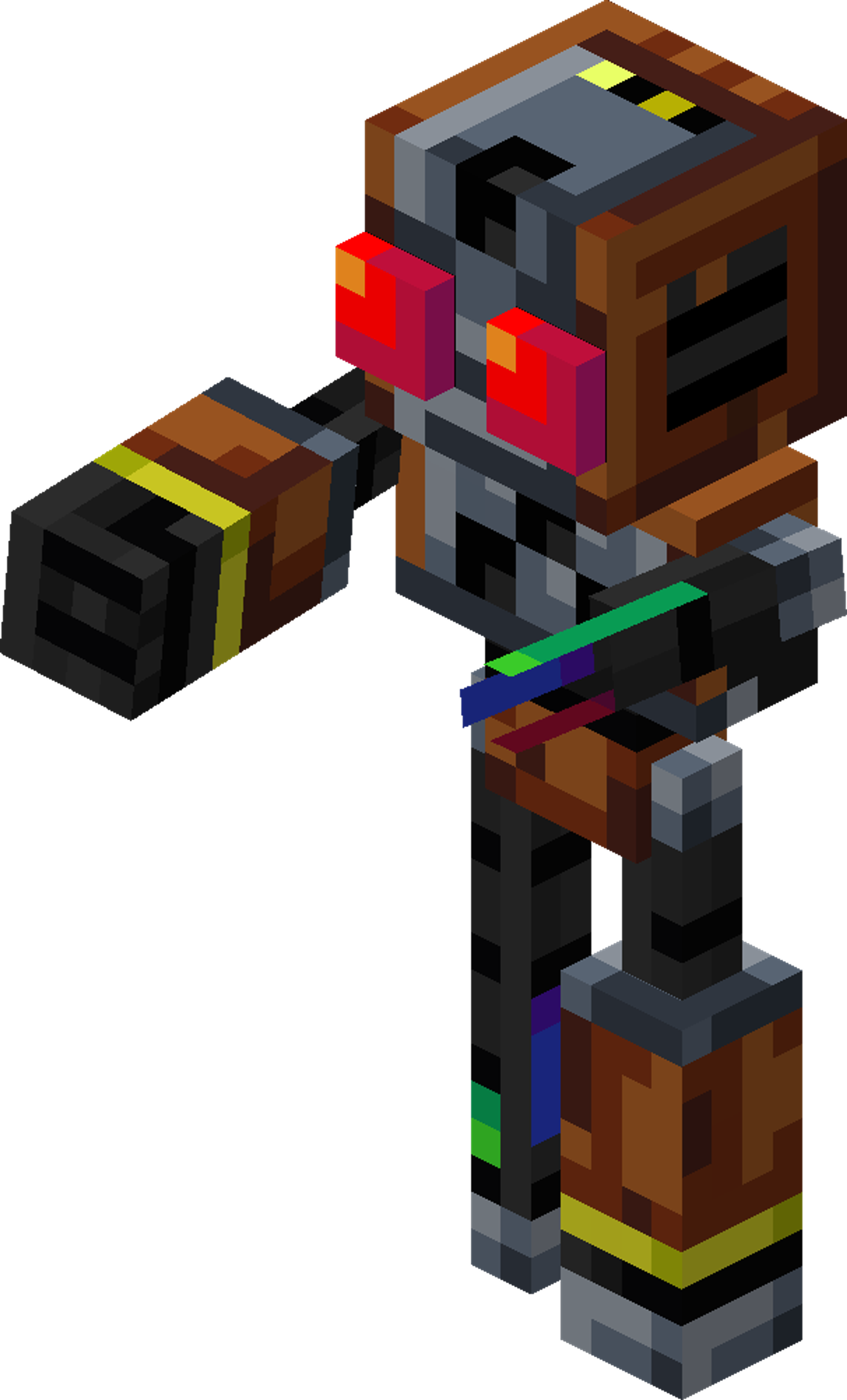 A detailed, robotic character with metallic gray and white armor plating, olive green eyes, and a curved horn with a closed eye on its forehead.