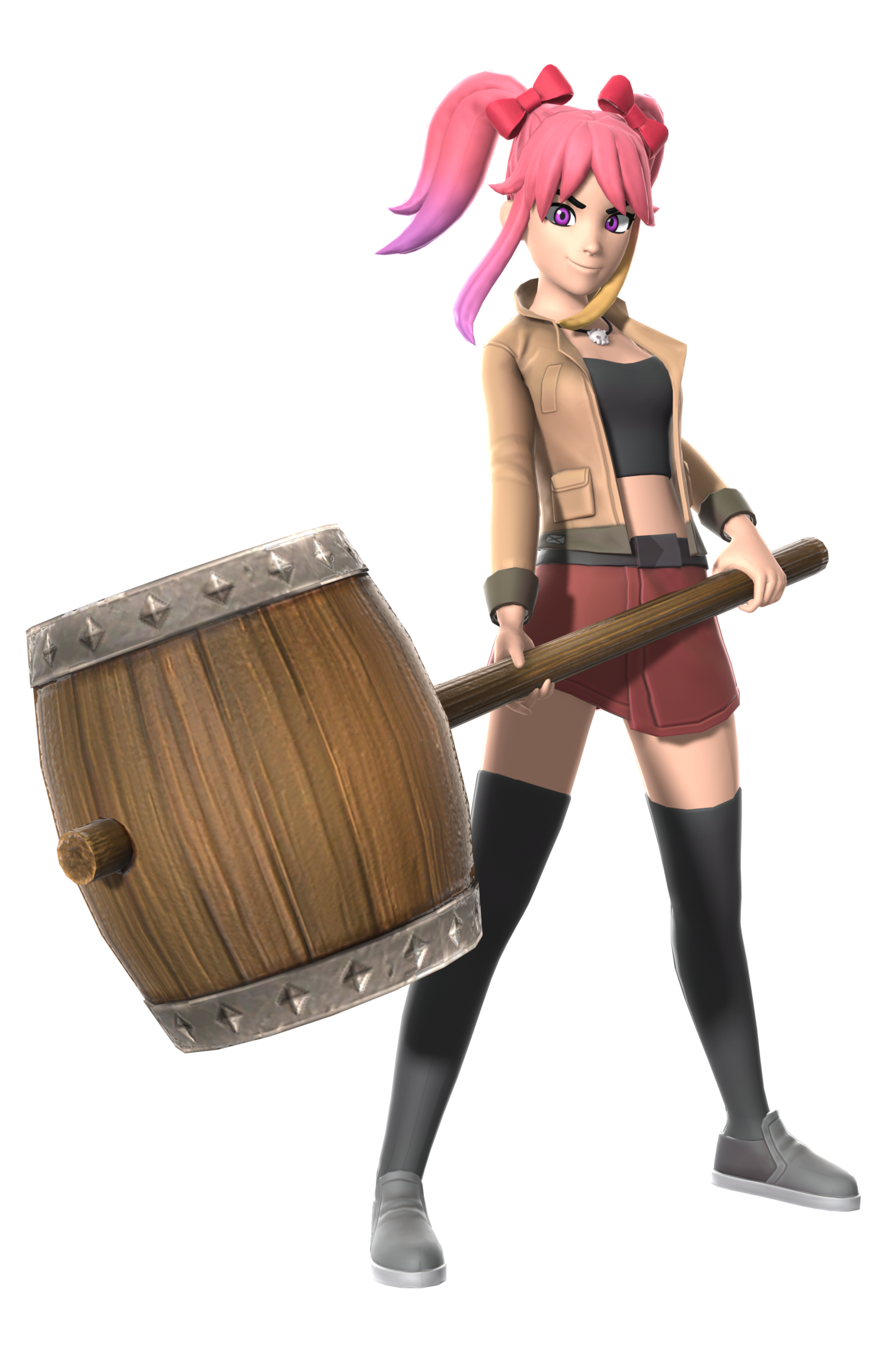 An anime-inspired woman with pink hair holding a large wooden barrel or drum