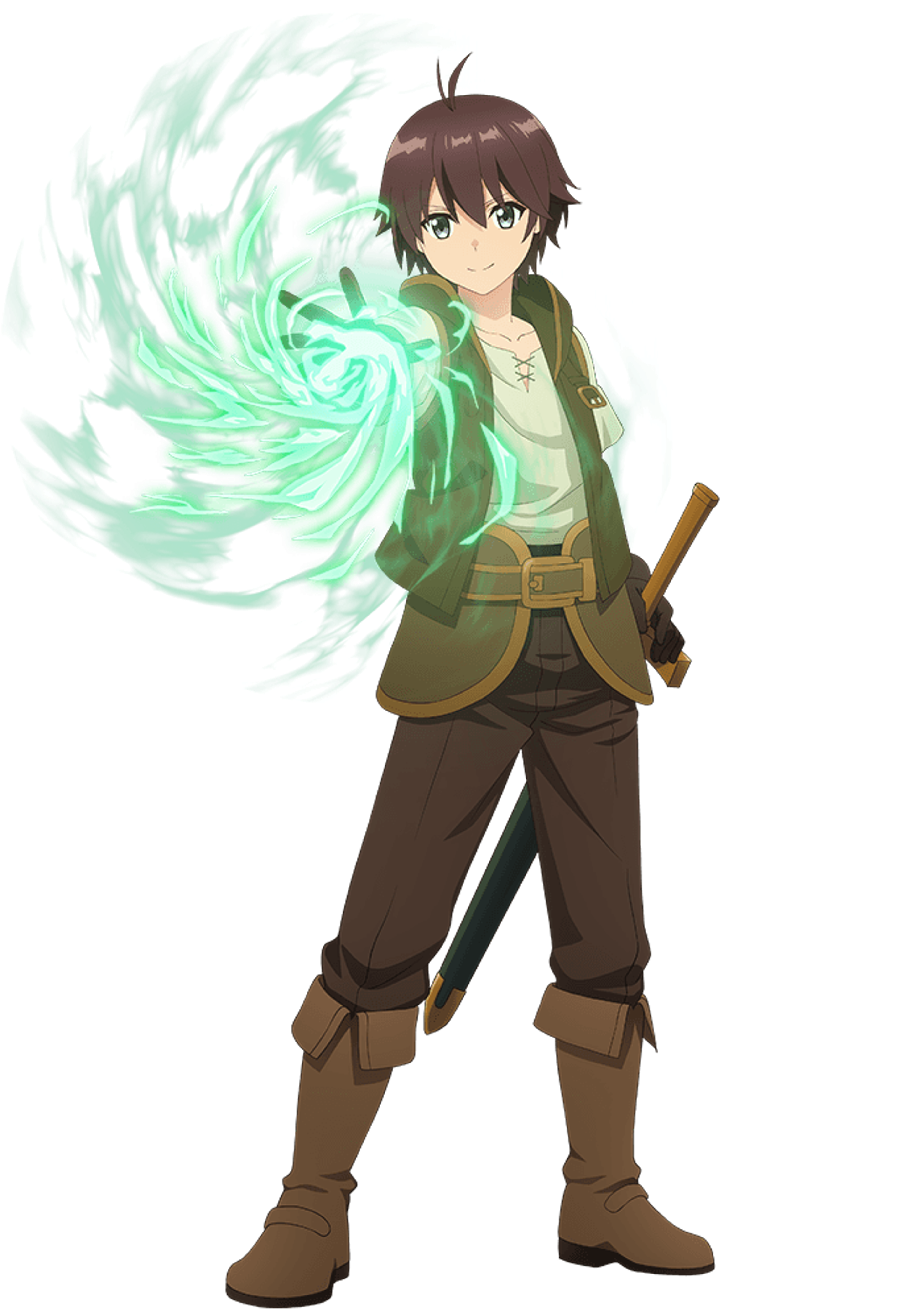 A young man with brown hair and black eyes wearing a green and brown outfit, surrounded by a swirling green energy effect.