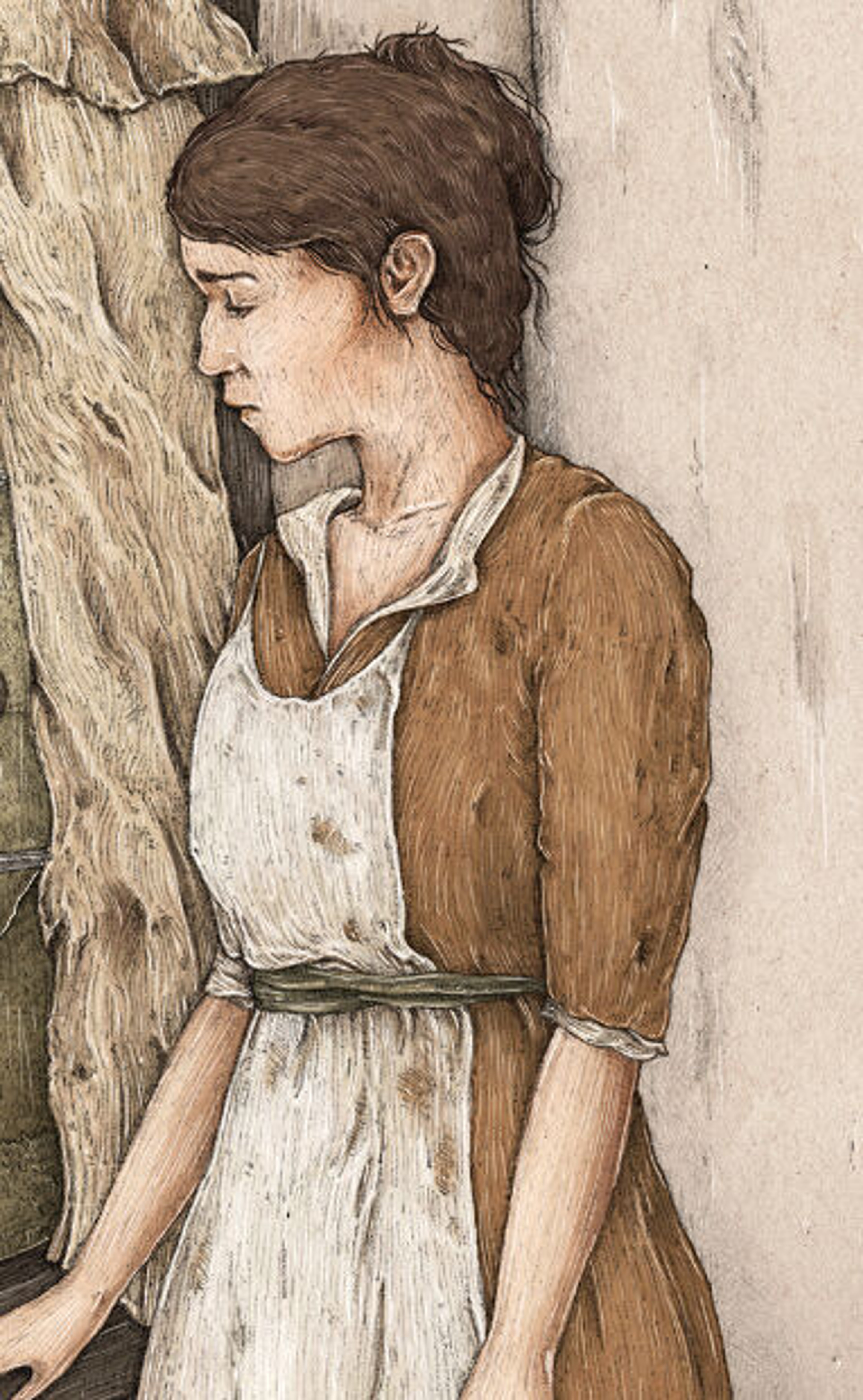 A young woman with a pensive expression standing in front of a wooden structure