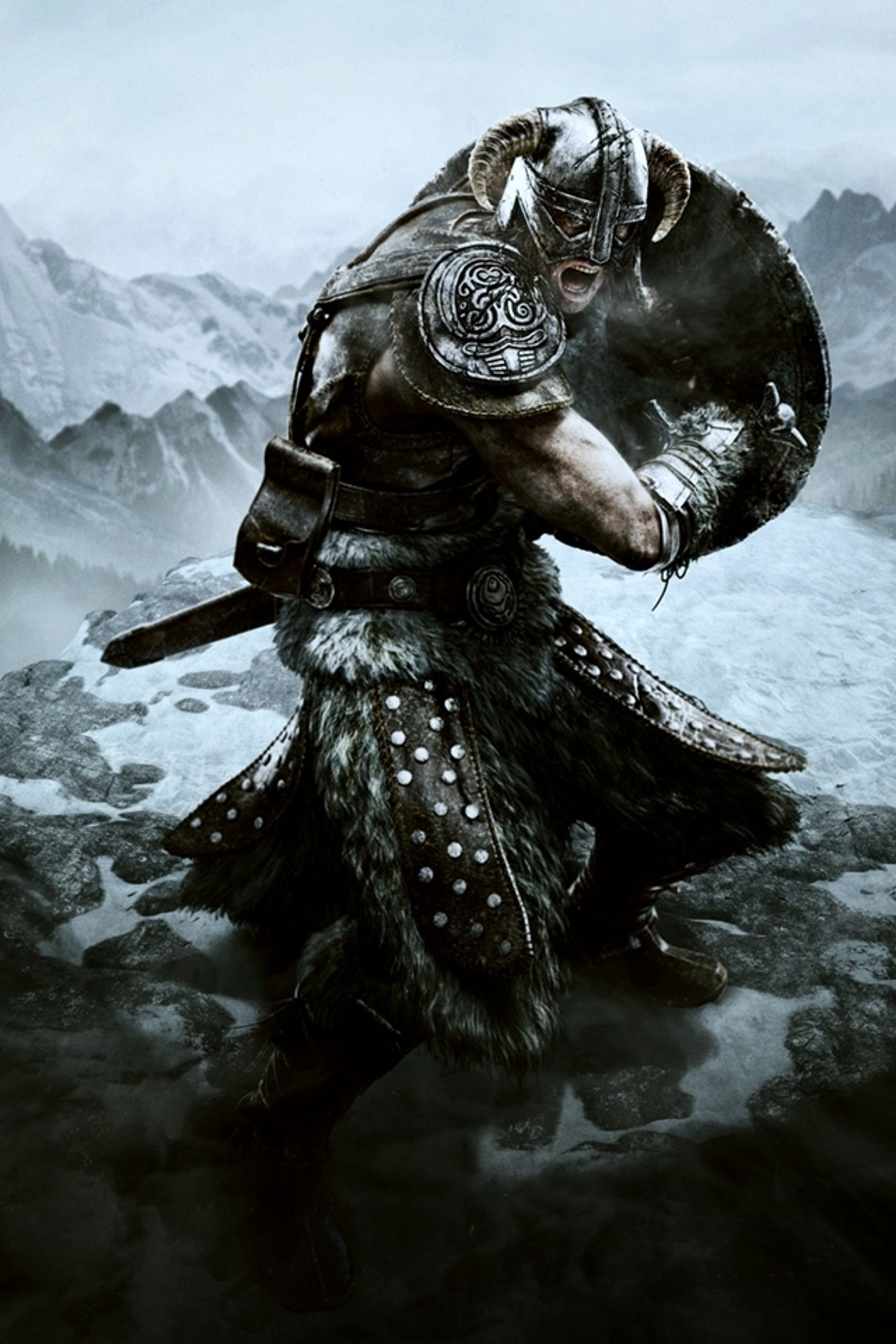A heavily armored, masked figure wielding a large weapon in a snowy, mountainous environment.