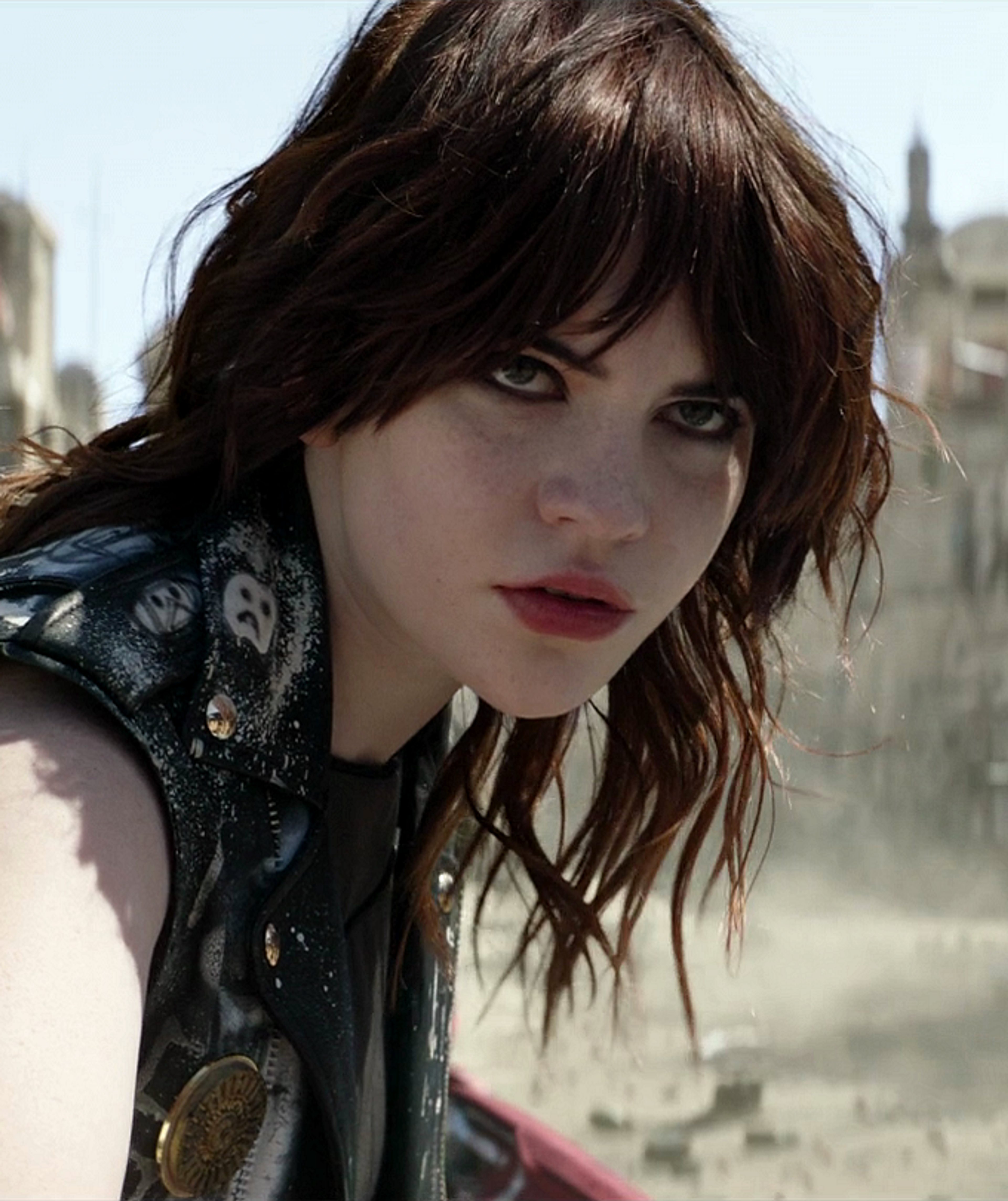 A young woman with a cybernetic arm in a science fiction setting