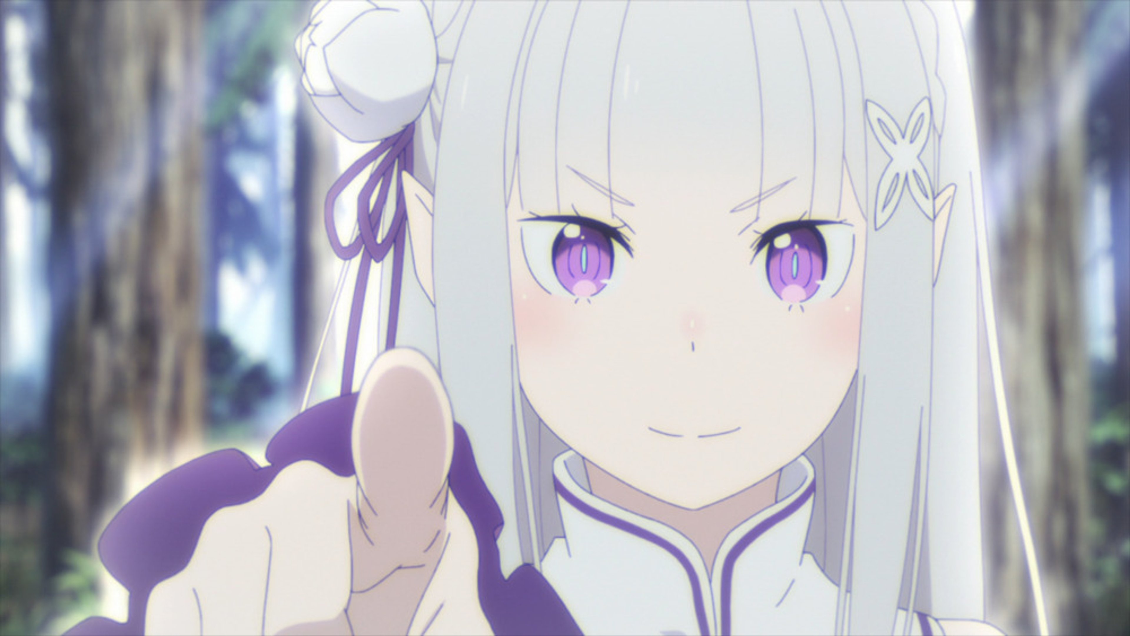 An anime-style character with silver hair and purple eyes wearing a white and purple dress