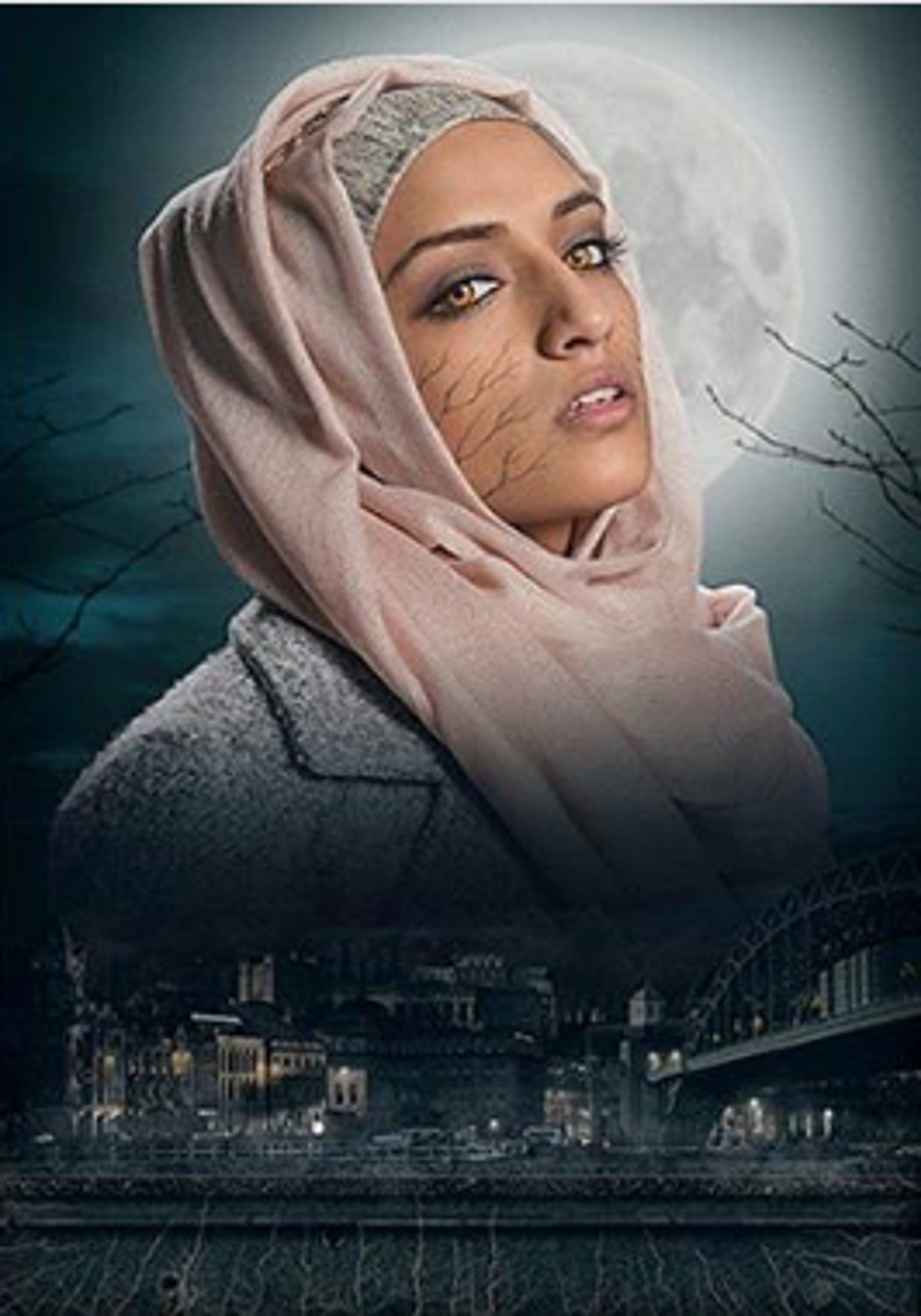 A young woman in a hooded cloak looking out over a nighttime city skyline