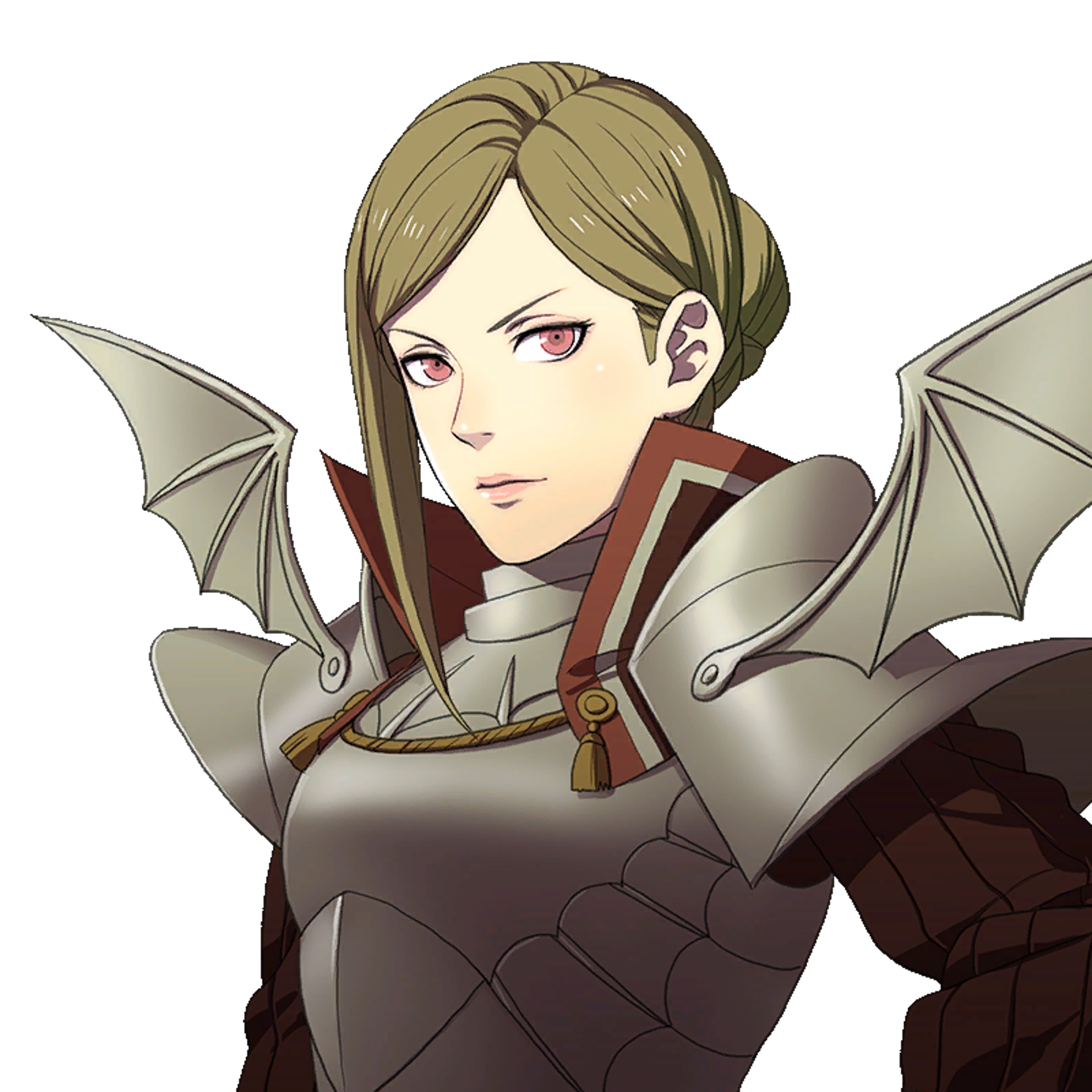A female military character with blonde hair and red eyes wearing a dark gray uniform