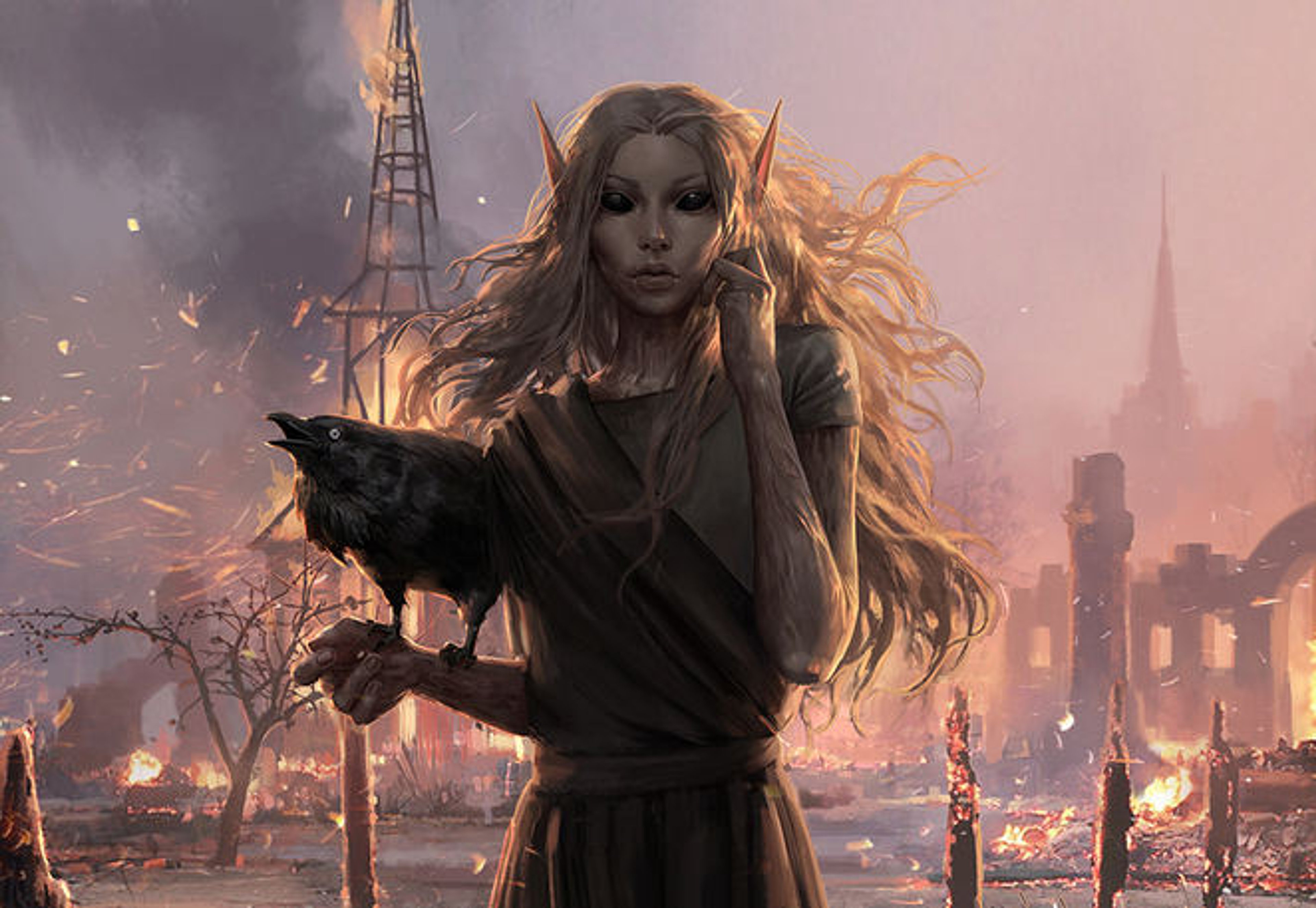 A young elven woman with pale skin and long hair, wielding magical power in a city on fire.