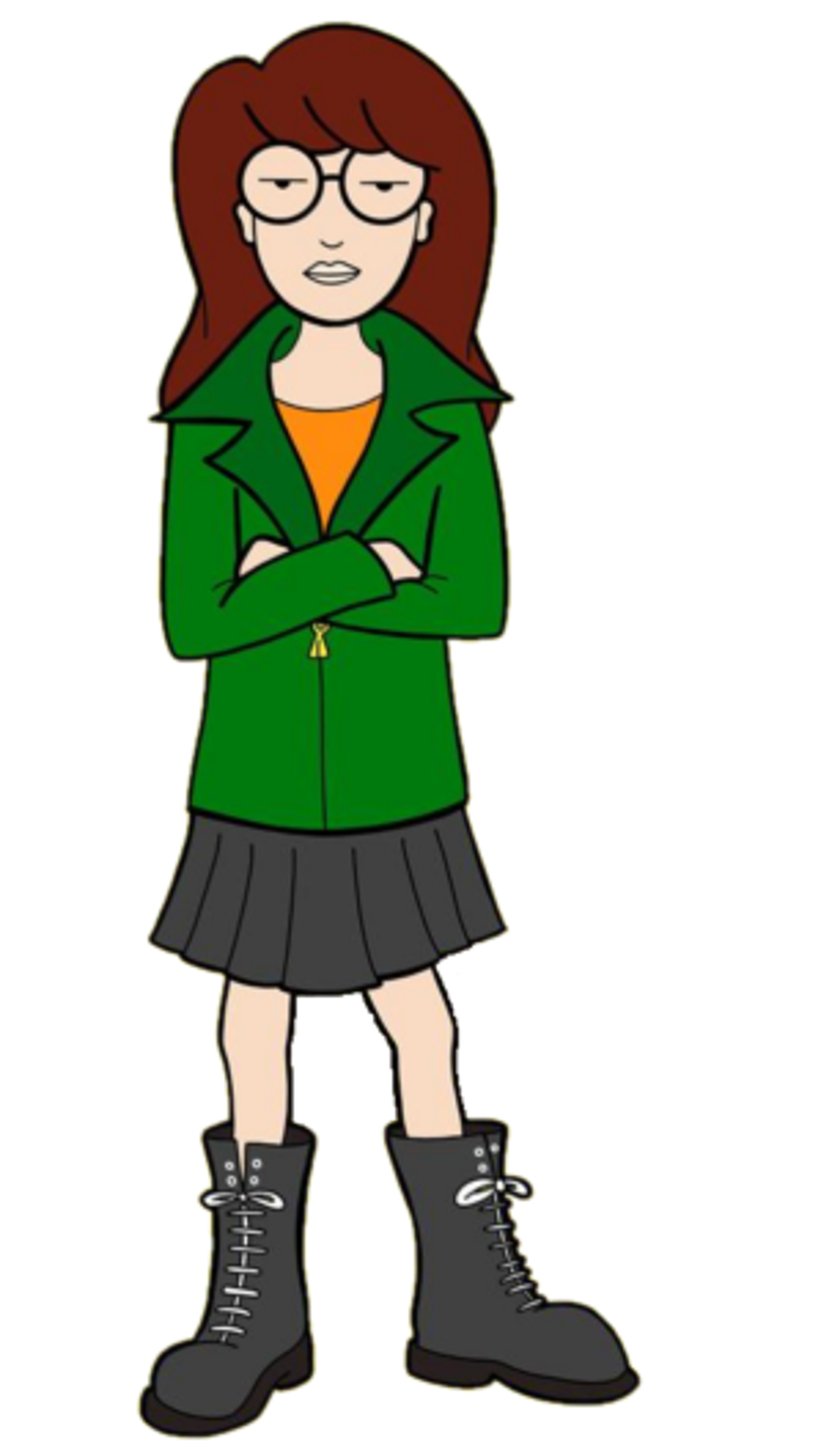 A young woman with reddish-brown hair wearing a green jacket, gray skirt, and black boots, standing with her arms crossed and a serious expression.