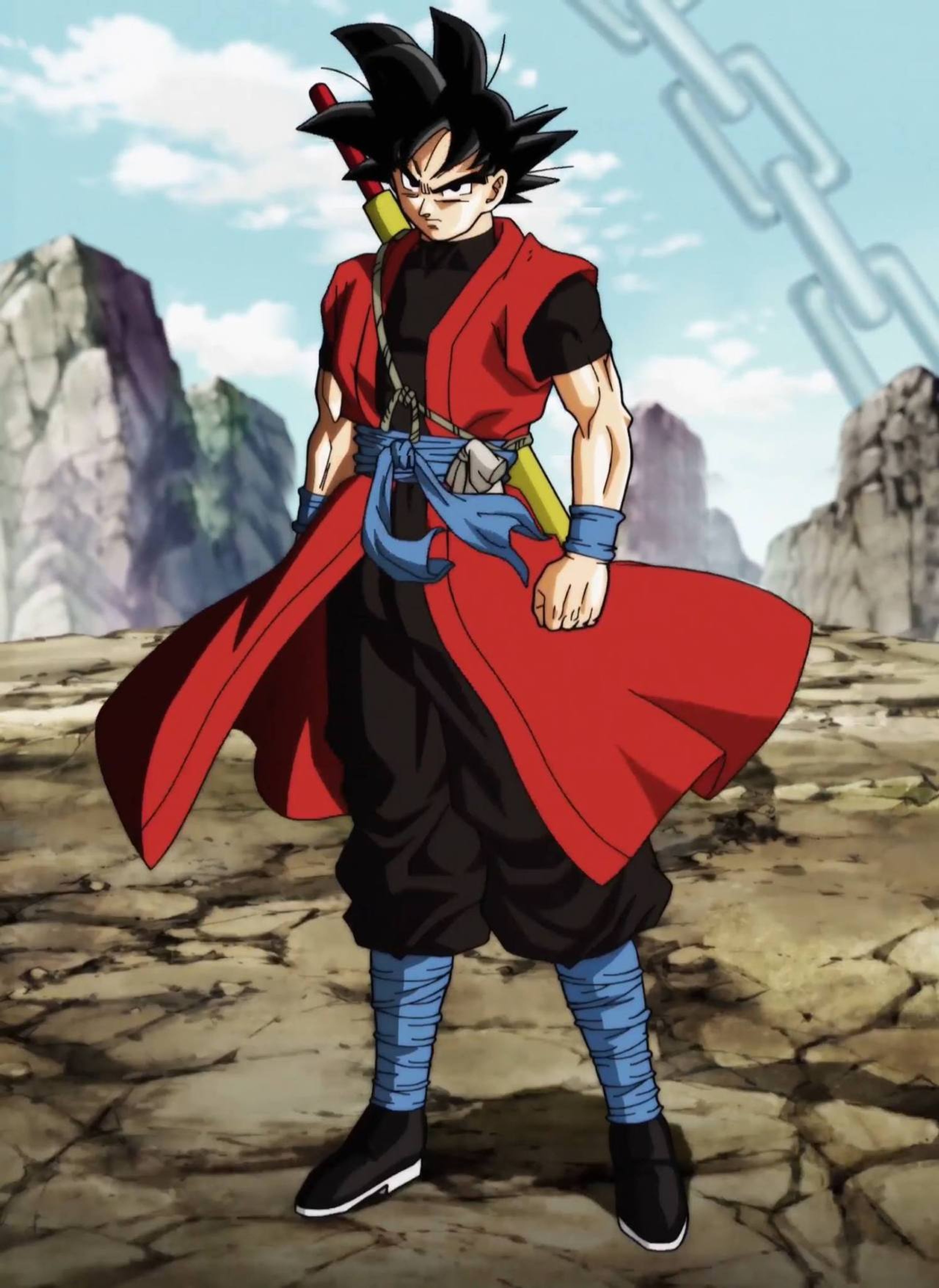 A Saiyan warrior in a Time Patrol uniform standing in a rocky environment