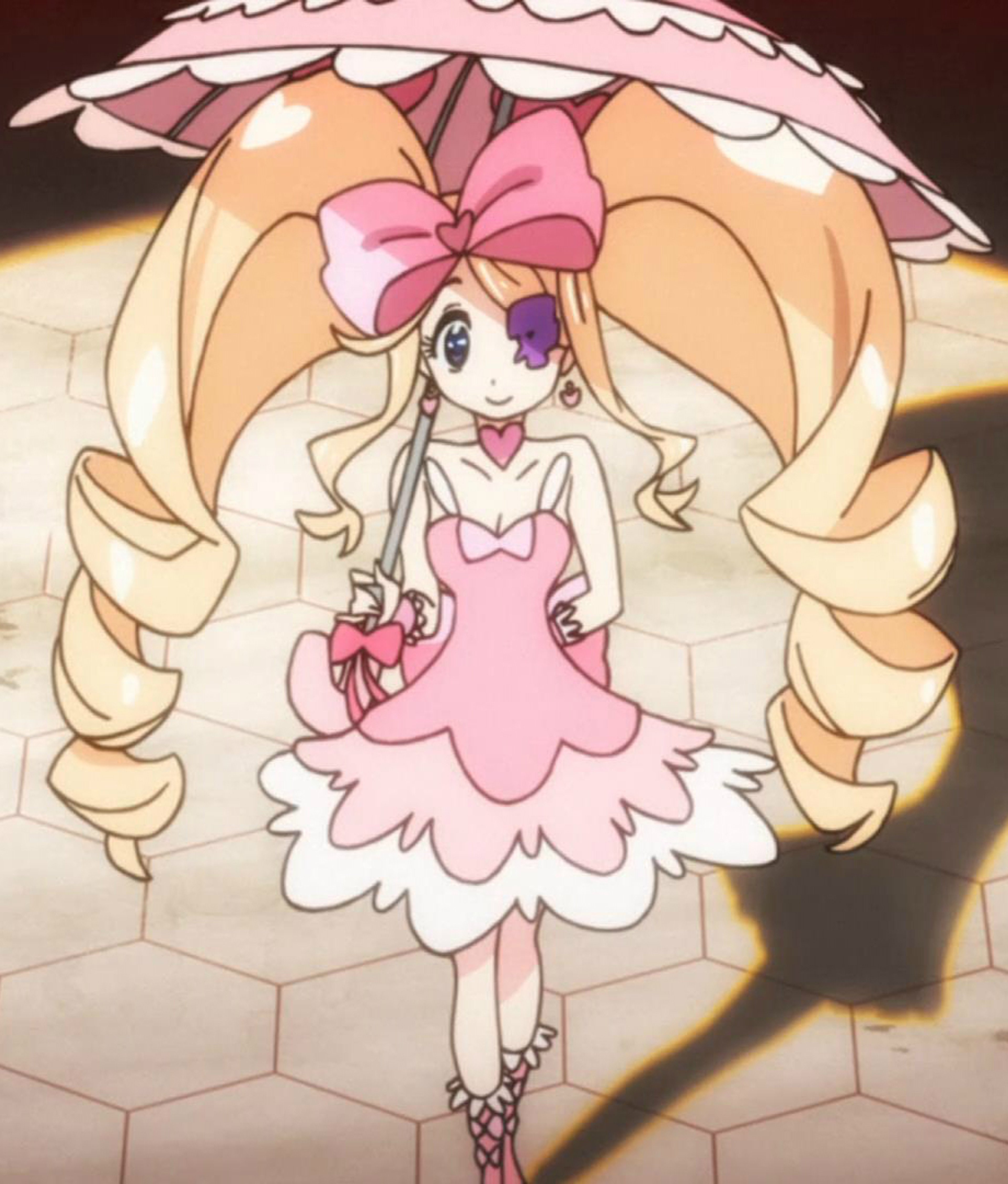 An anime-style character with long blonde hair wearing a pink dress with a bow and frills