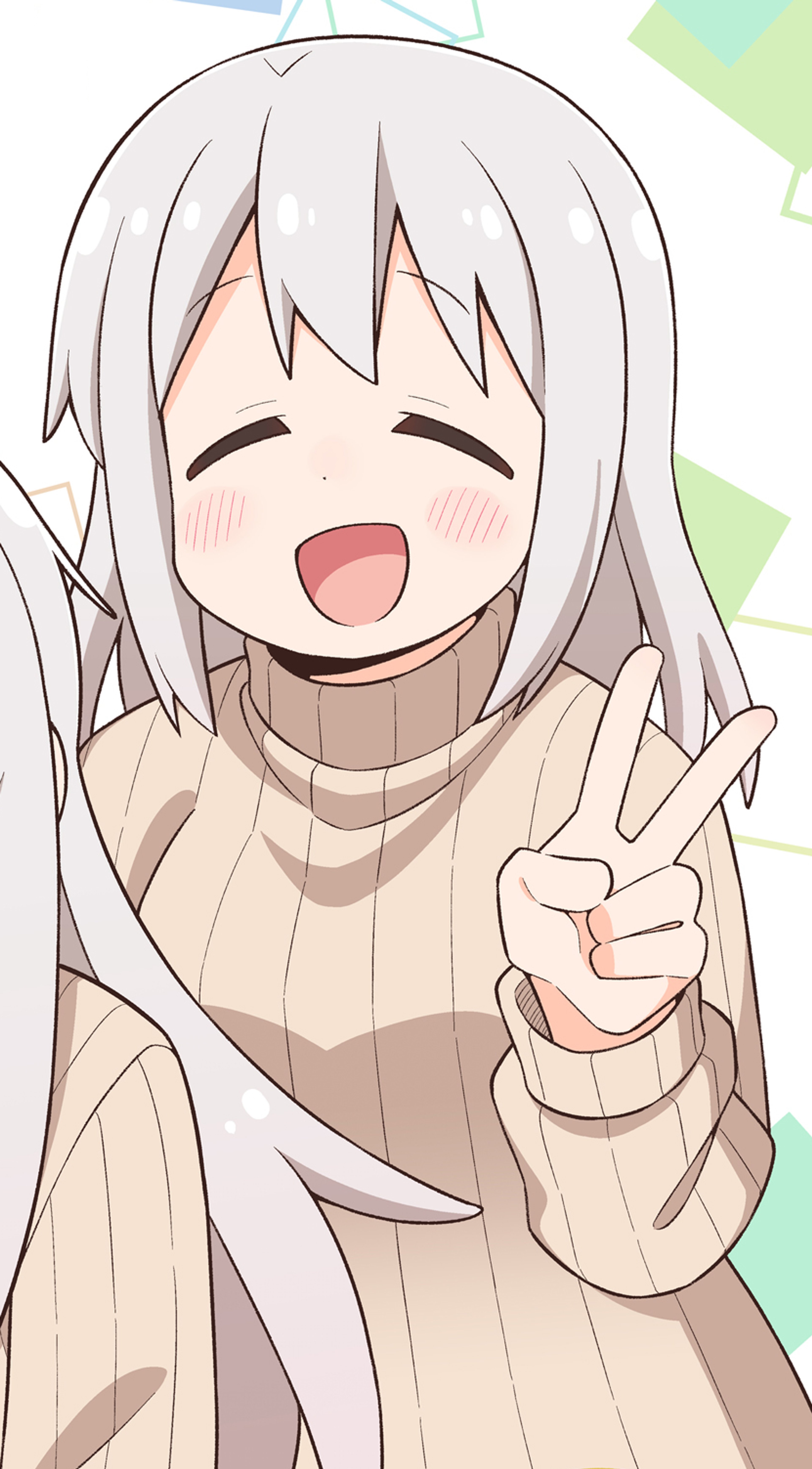 An anime-style character with light hair making a peace sign gesture