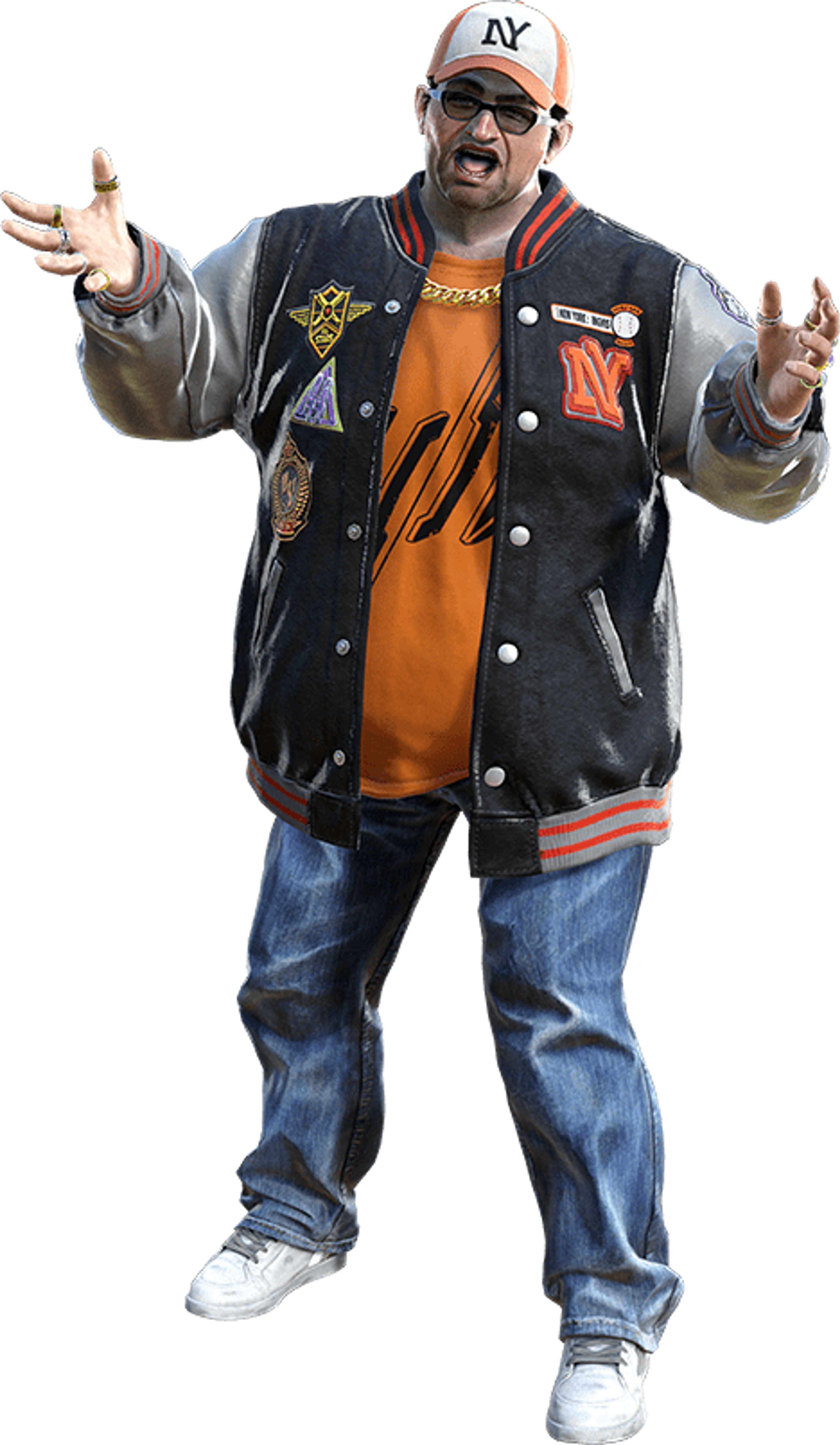 A middle-aged man with a distinctive appearance and exaggerated facial expression