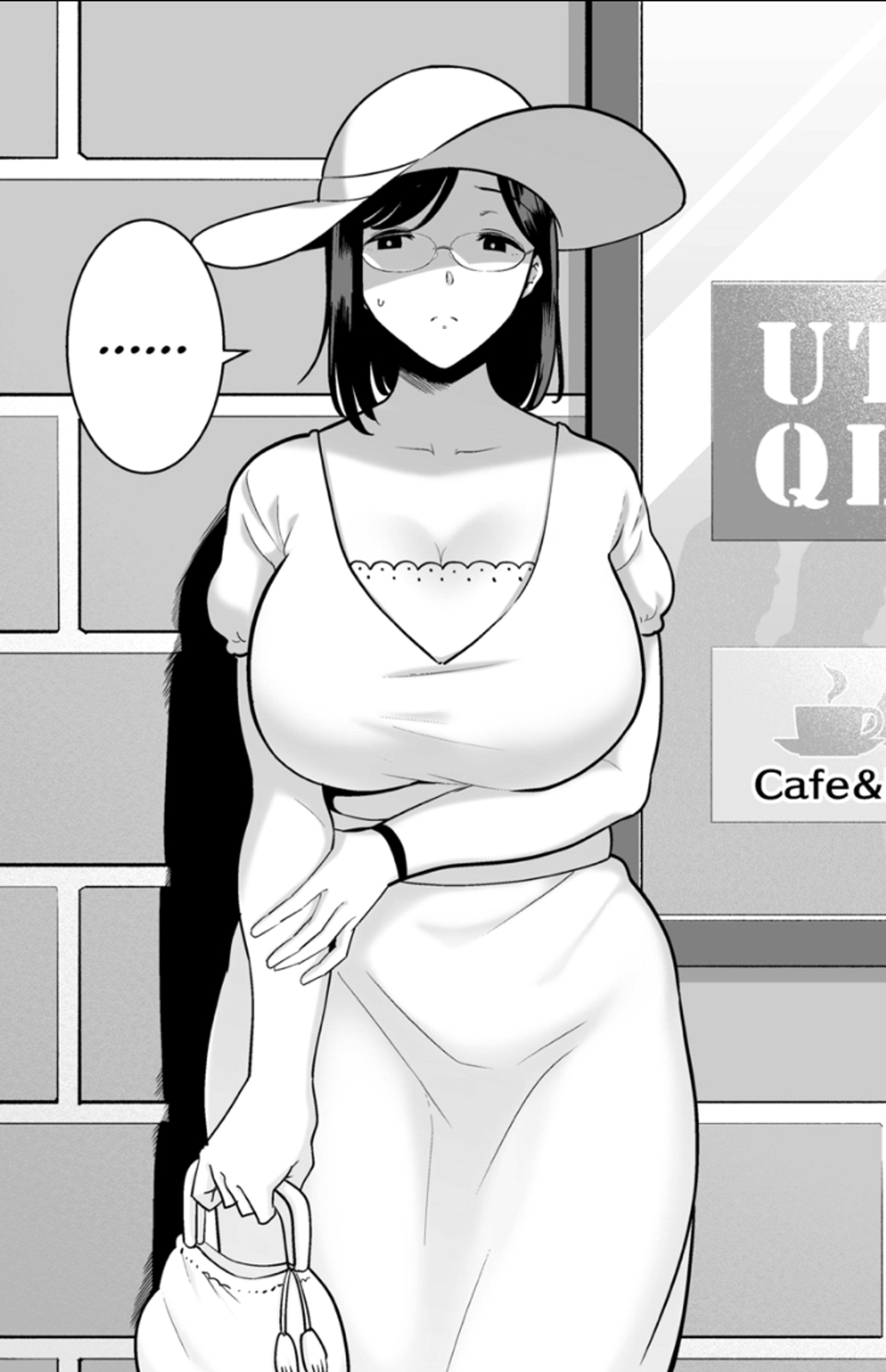 A young Japanese woman in a white dress and hat standing in front of a cafe storefront.