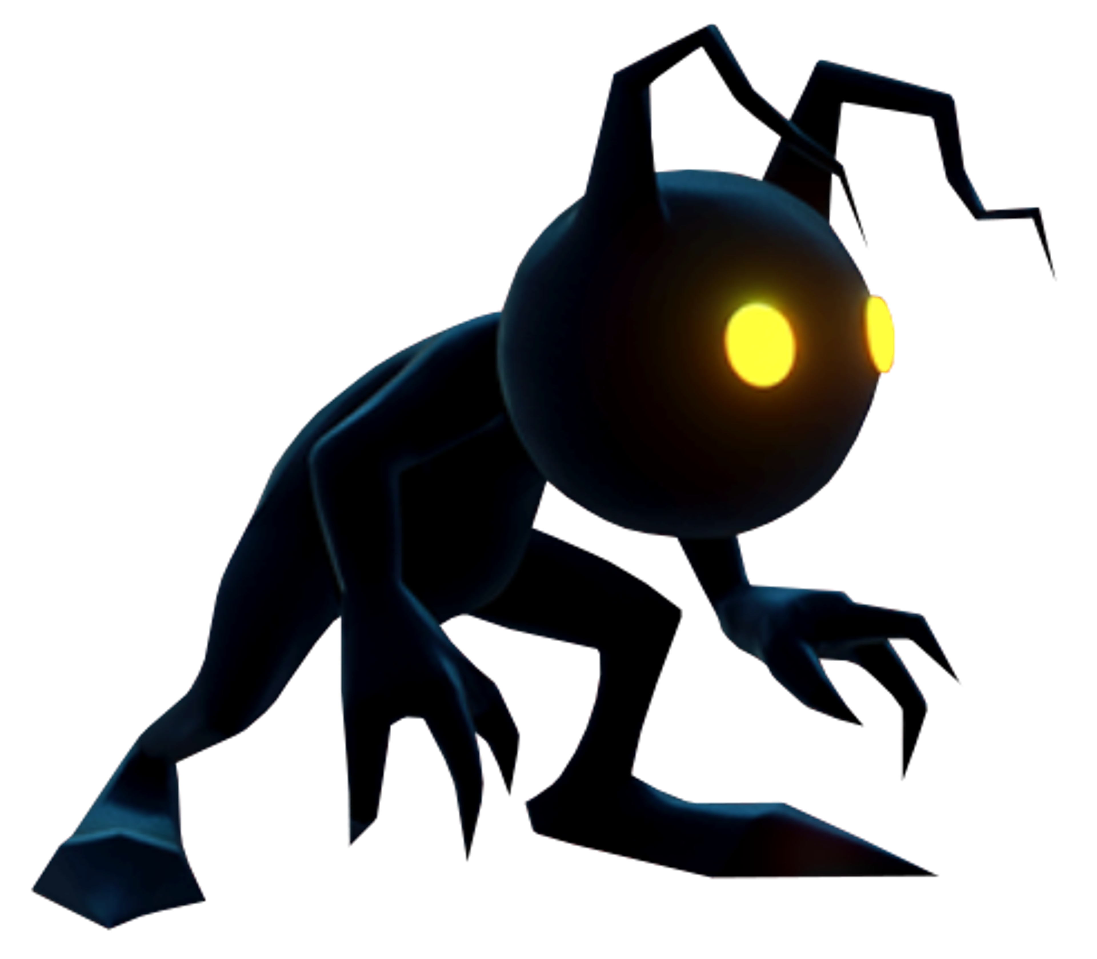 A shadowy, humanoid creature with a round black body, long antennae, and glowing yellow eyes.