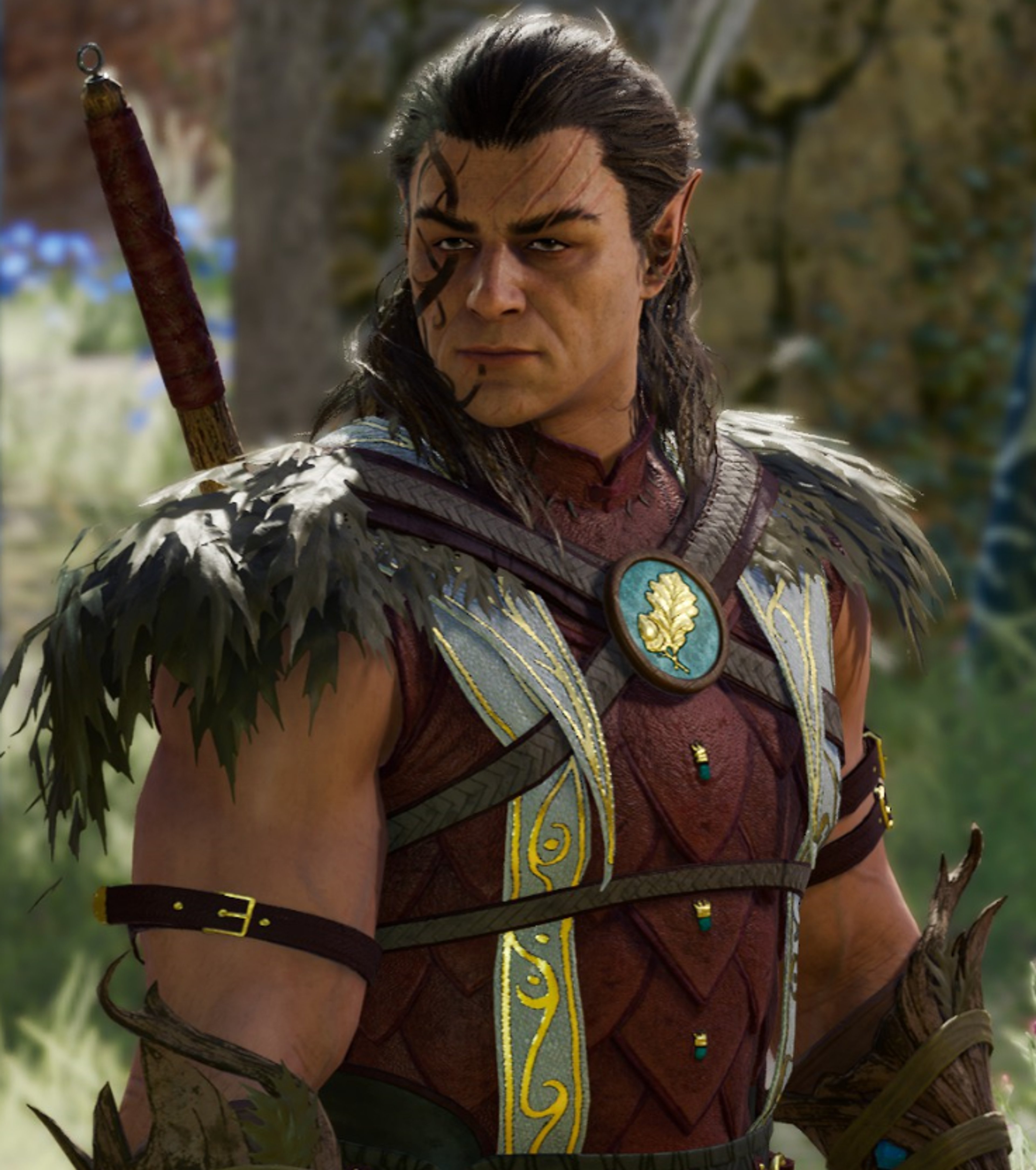 A powerful wood elf druid with a scarred face and imposing build