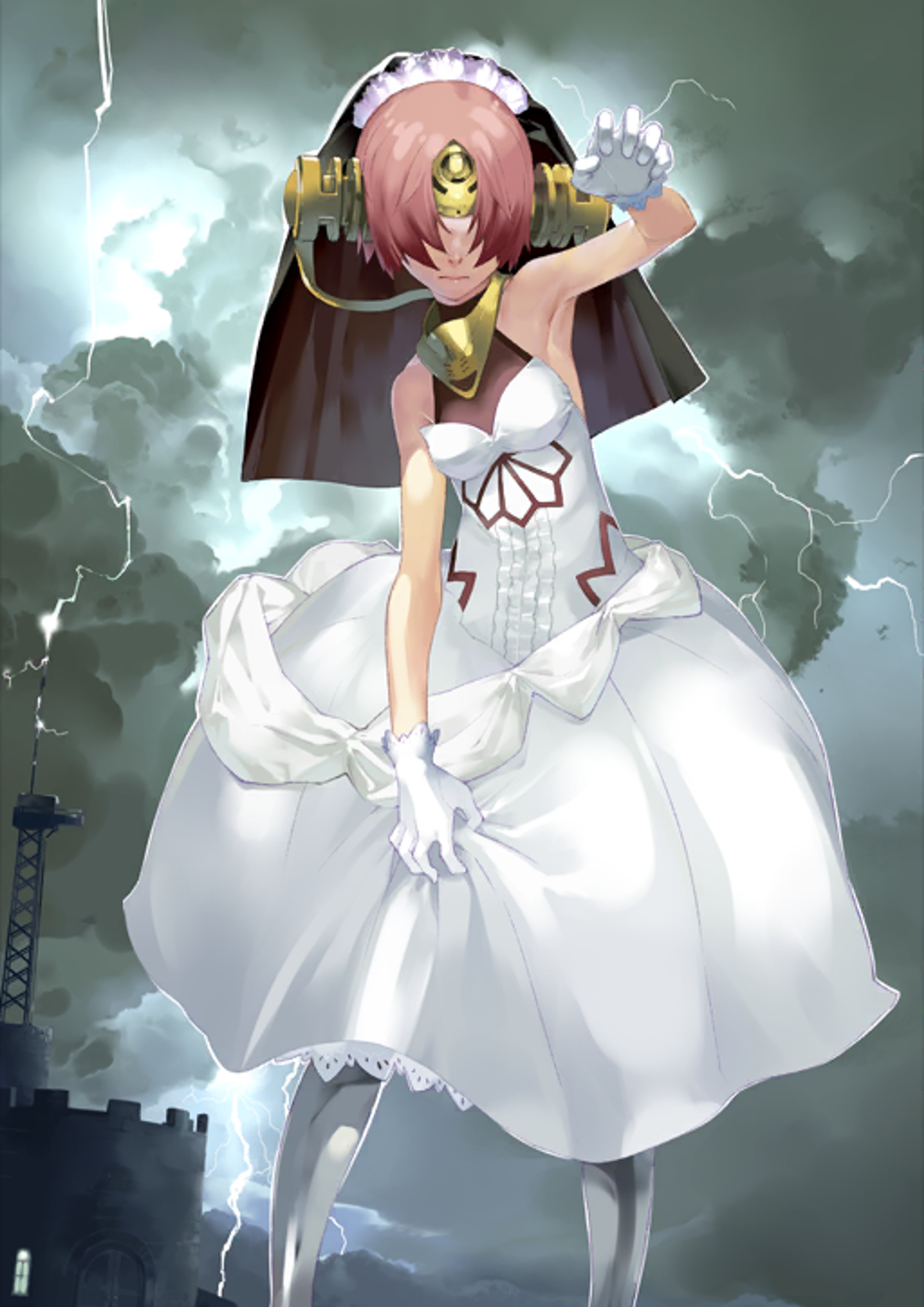 A young woman with pale skin and mint green hair, wearing a modified Victorian-era dress, with an imposing yet innocent presence.