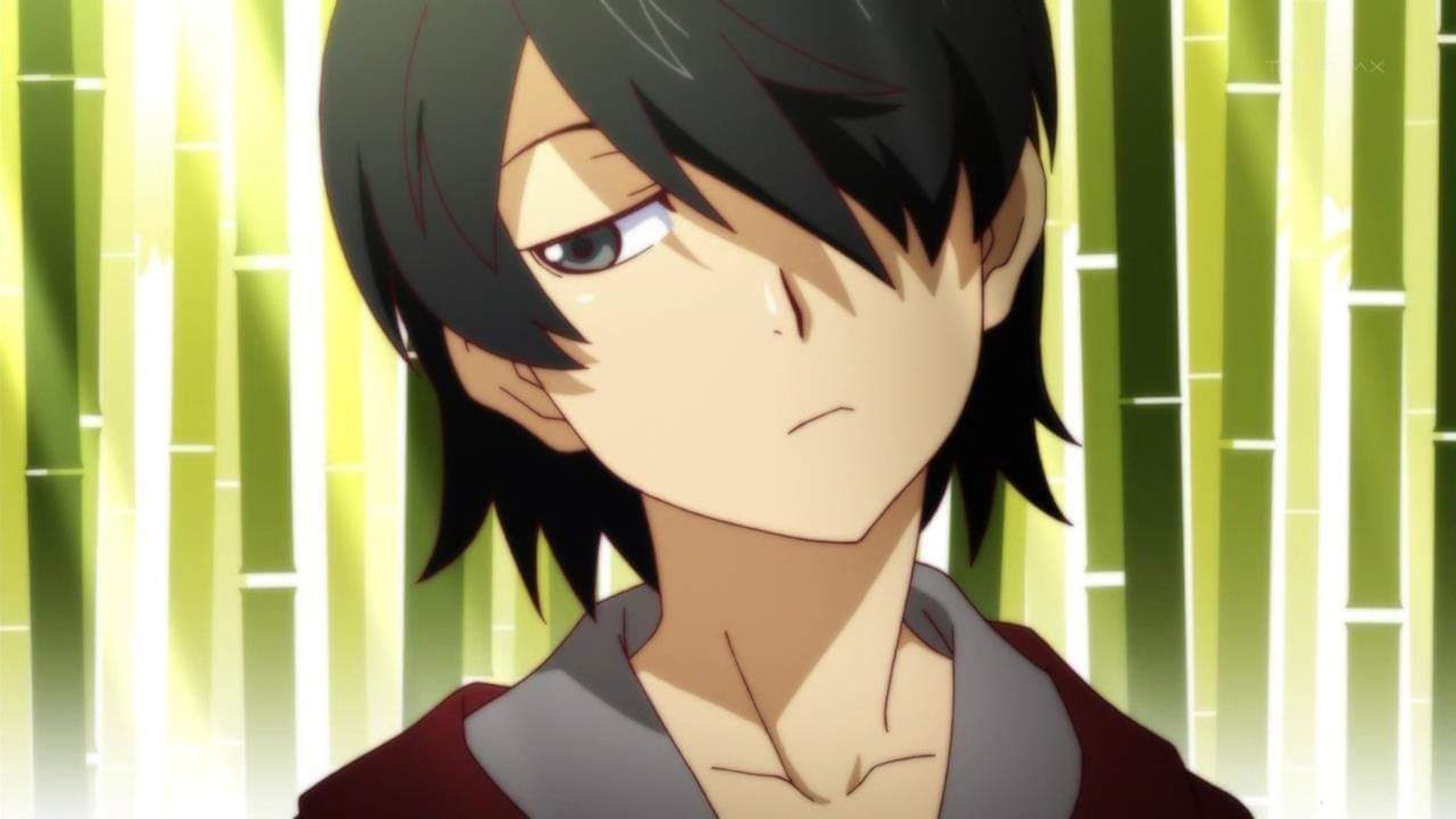 An anime-style character with dark hair wearing a red jacket