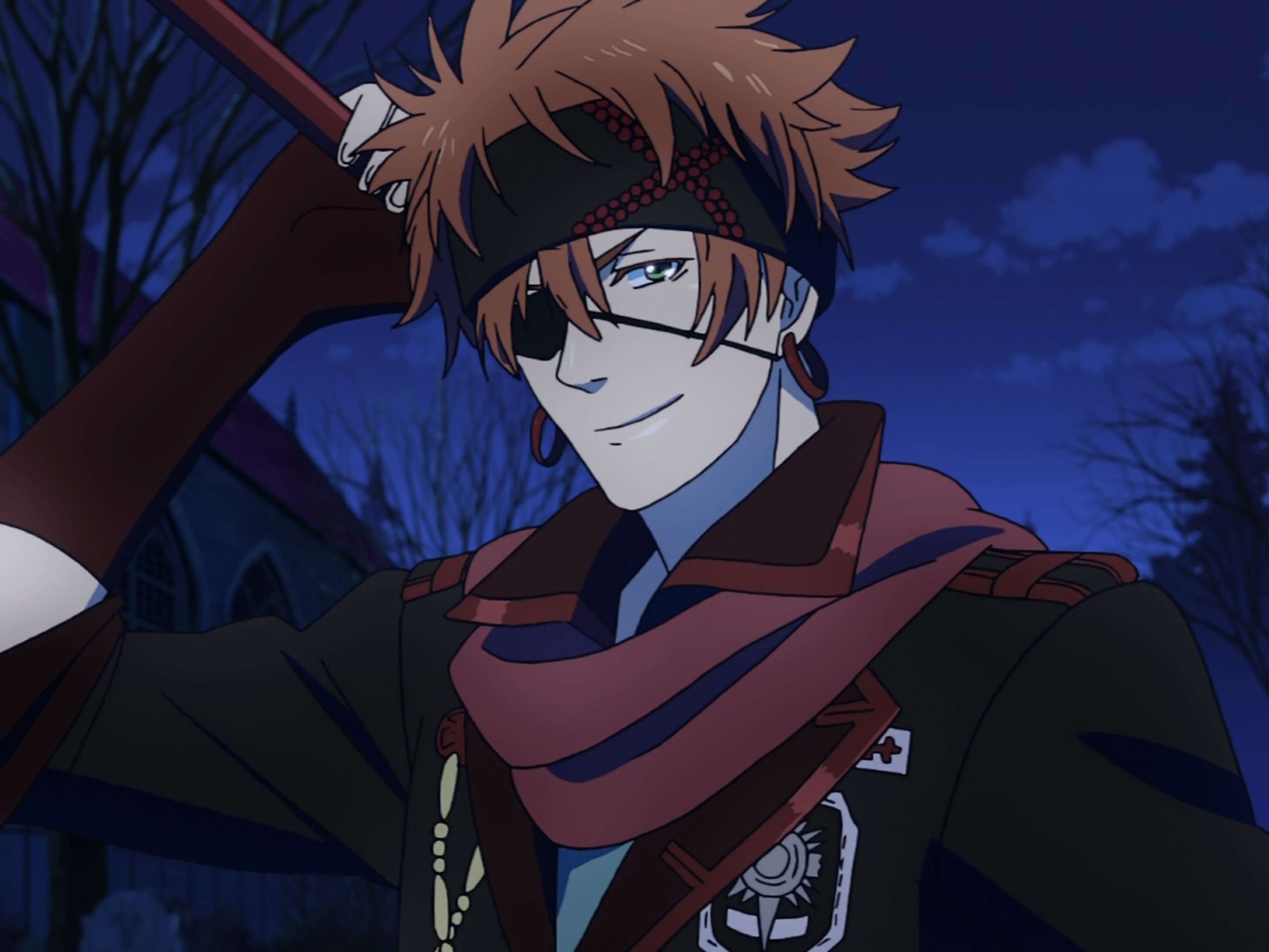 A young man with ginger hair and an eyepatch, wearing a dark outfit with a scarf.