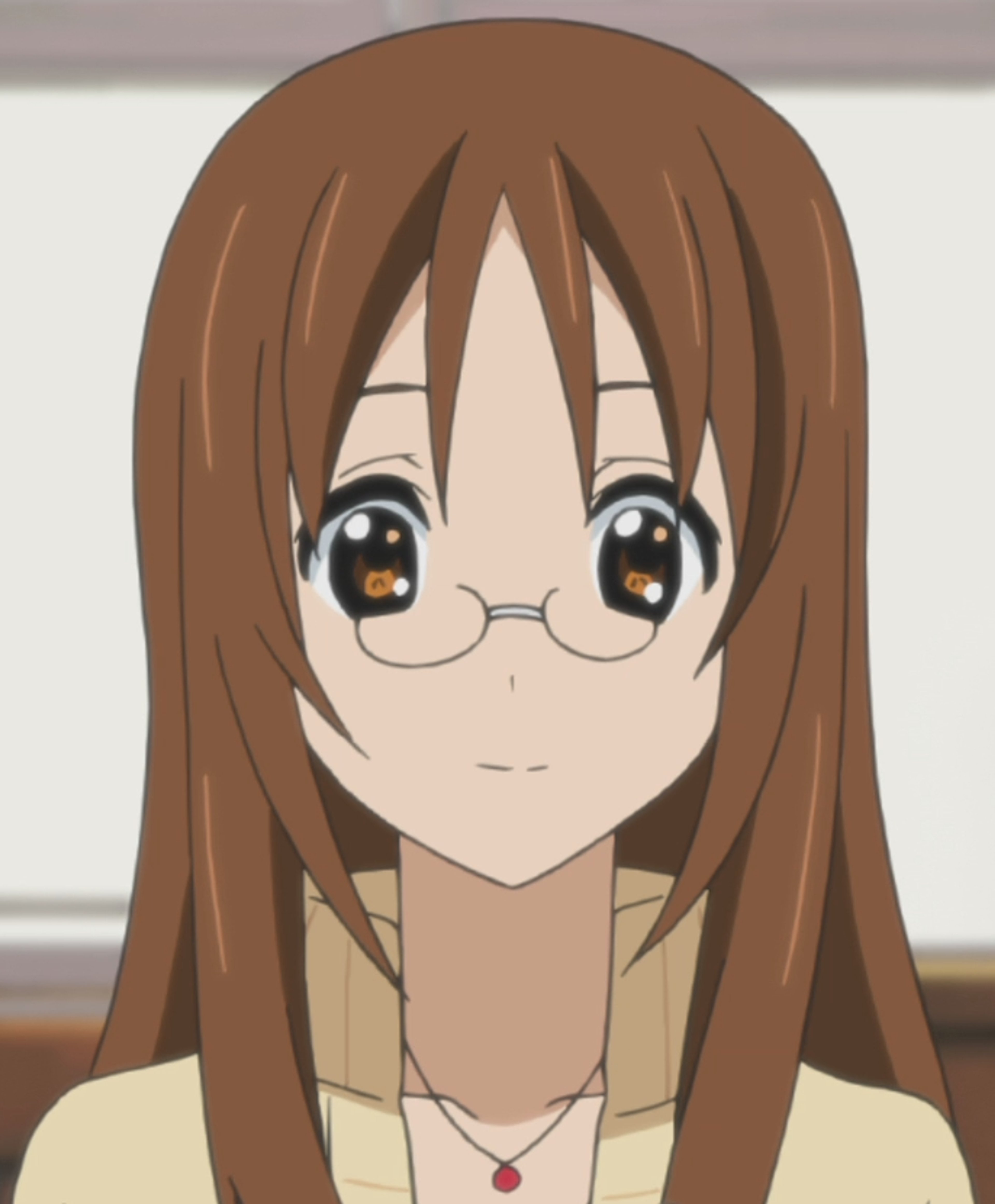 An anime-style character with long brown hair and glasses, smiling and wearing a casual outfit.