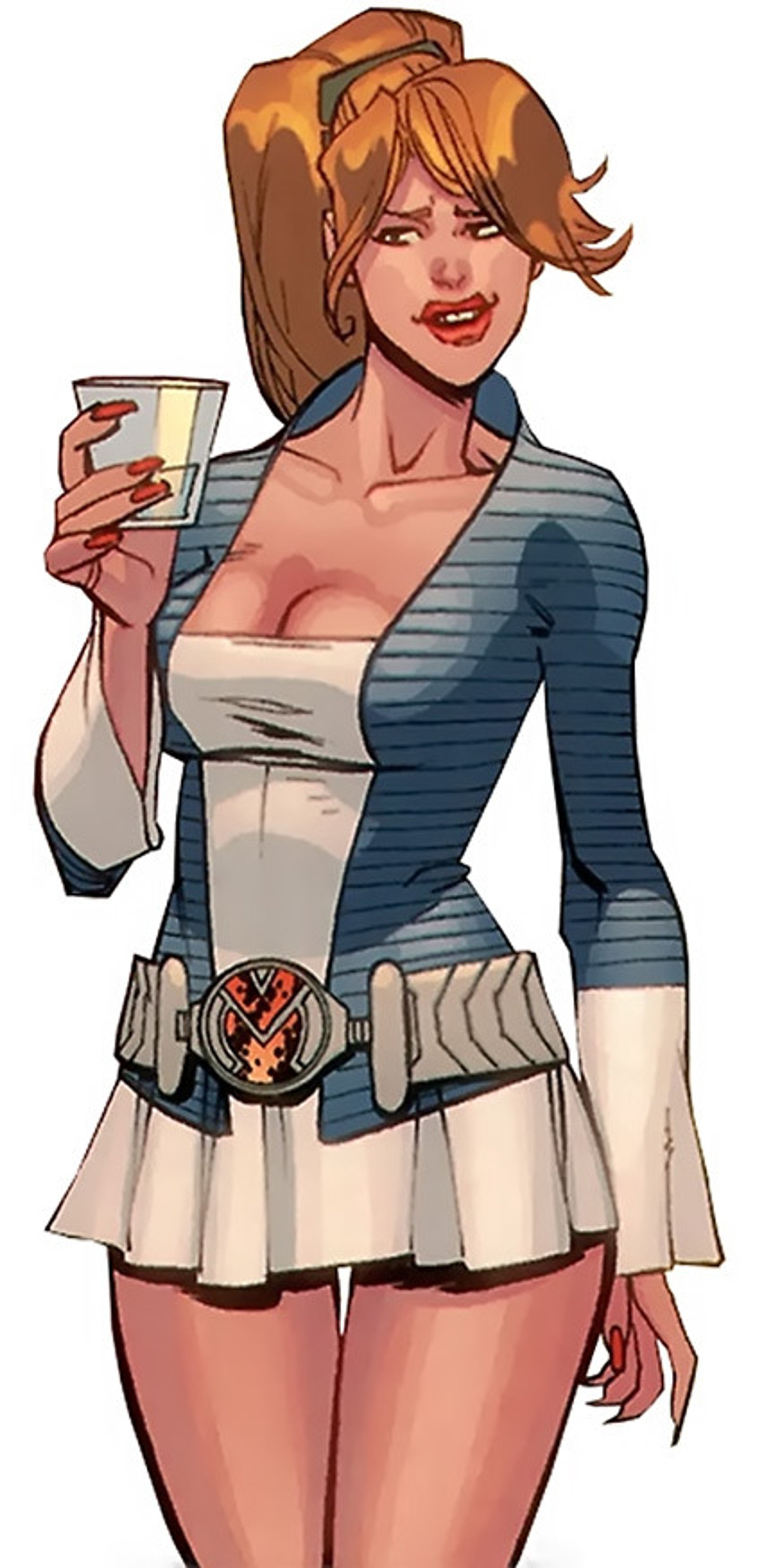 A young woman in a revealing superhero-style outfit holding a drink