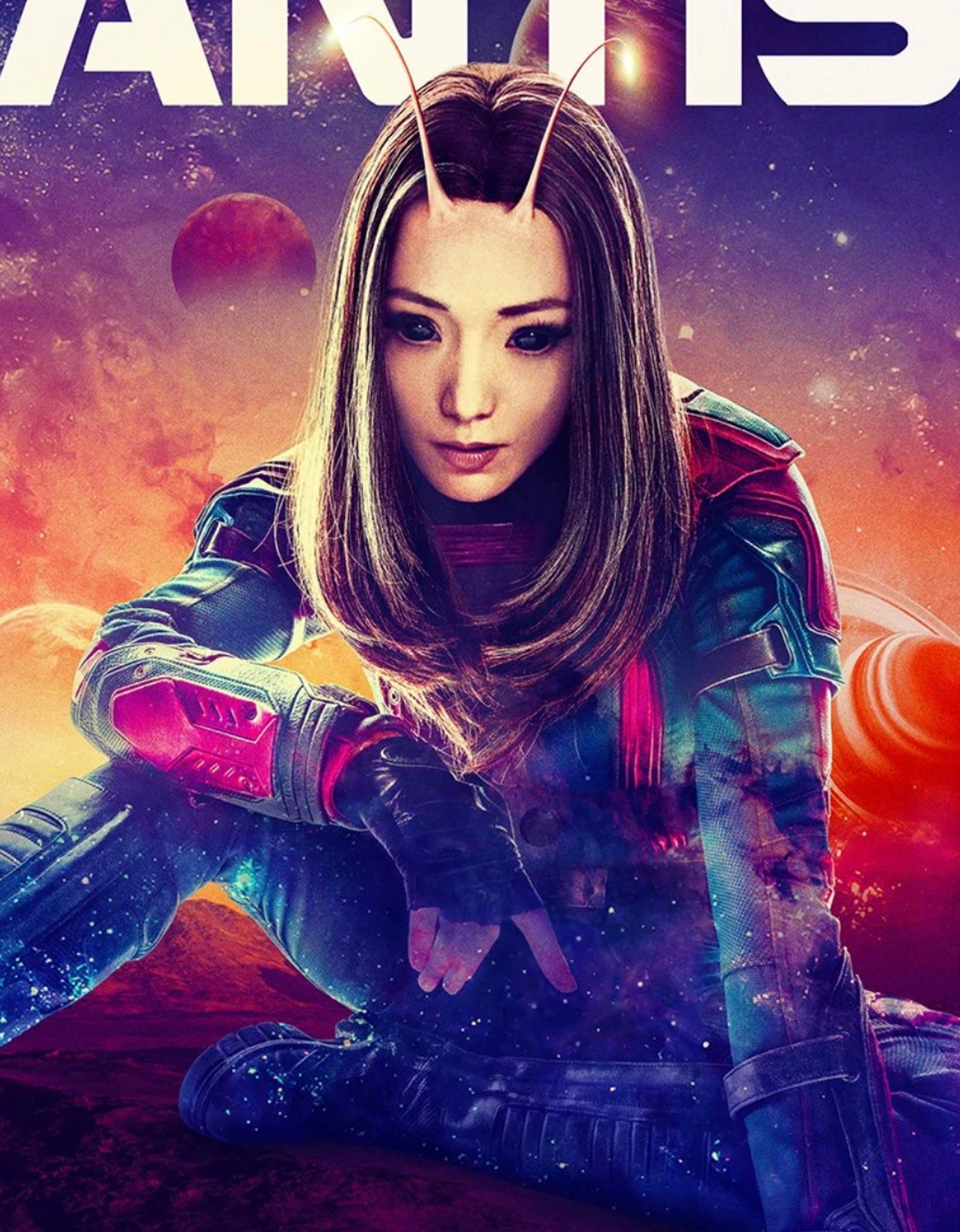 A female character in a colorful, futuristic-looking outfit in an action pose.