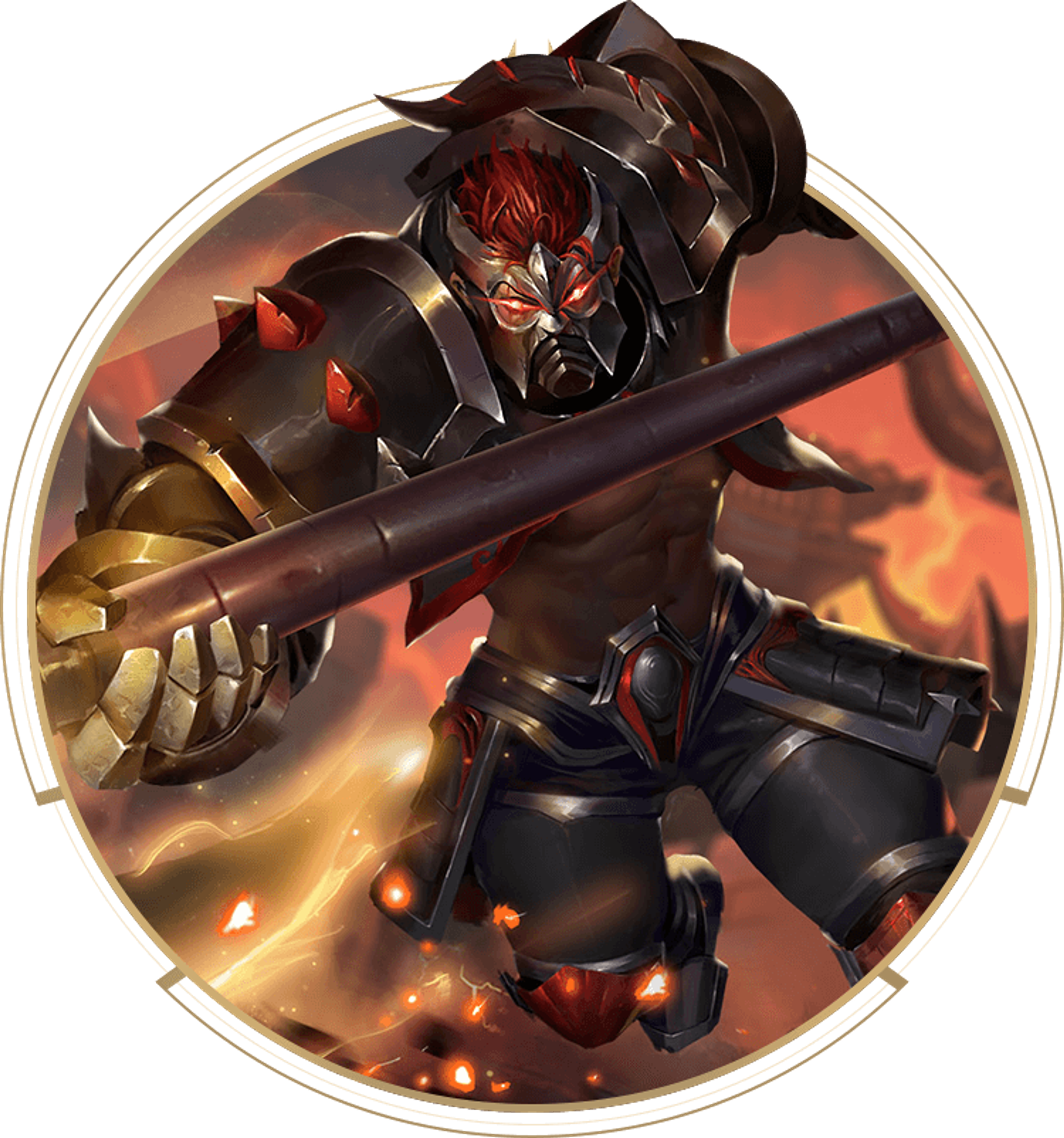 A fierce, heavily armored warrior character with red hair and glowing red eyes, wielding a large weapon in a battle stance.