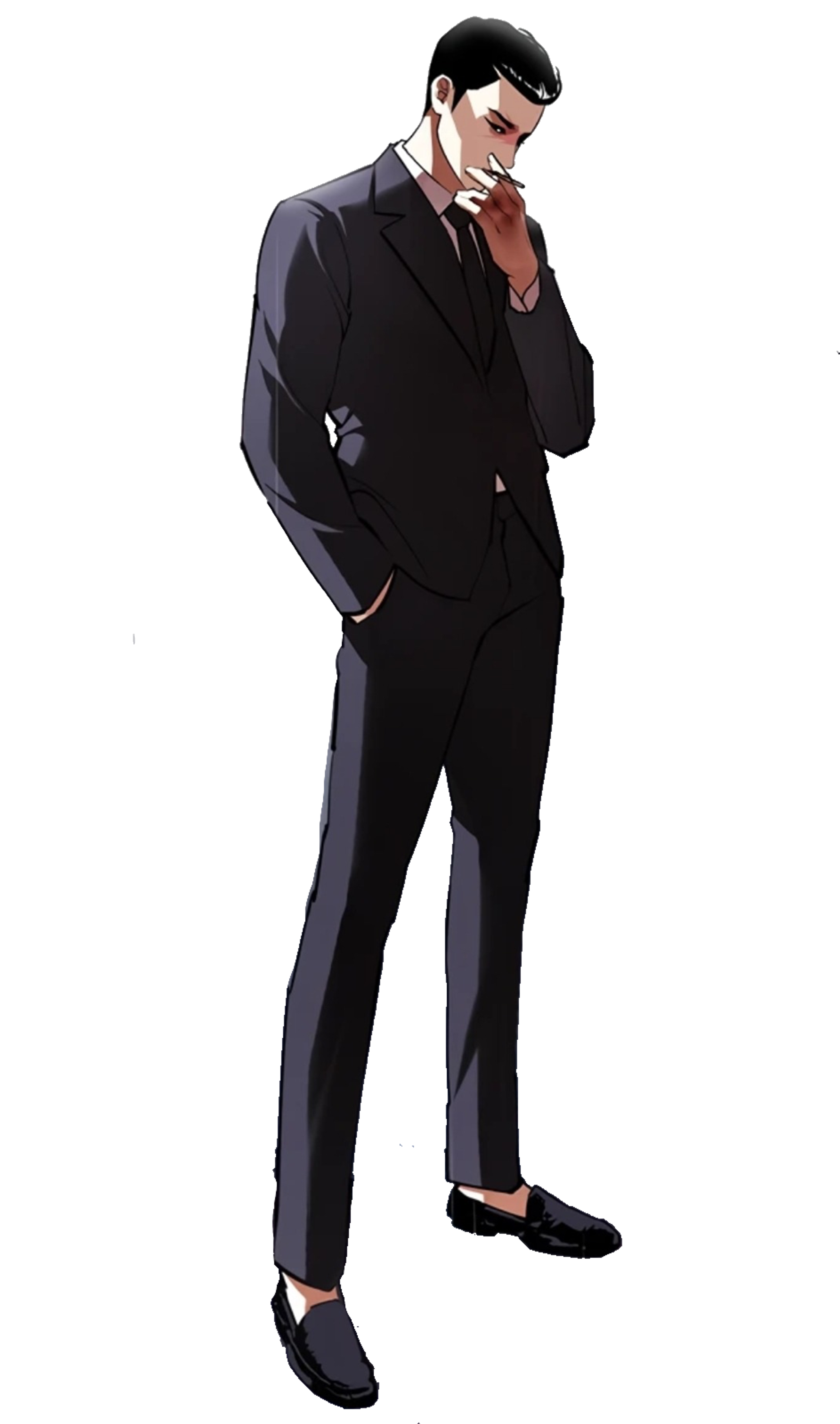 A young man in a black suit with a serious, confident expression