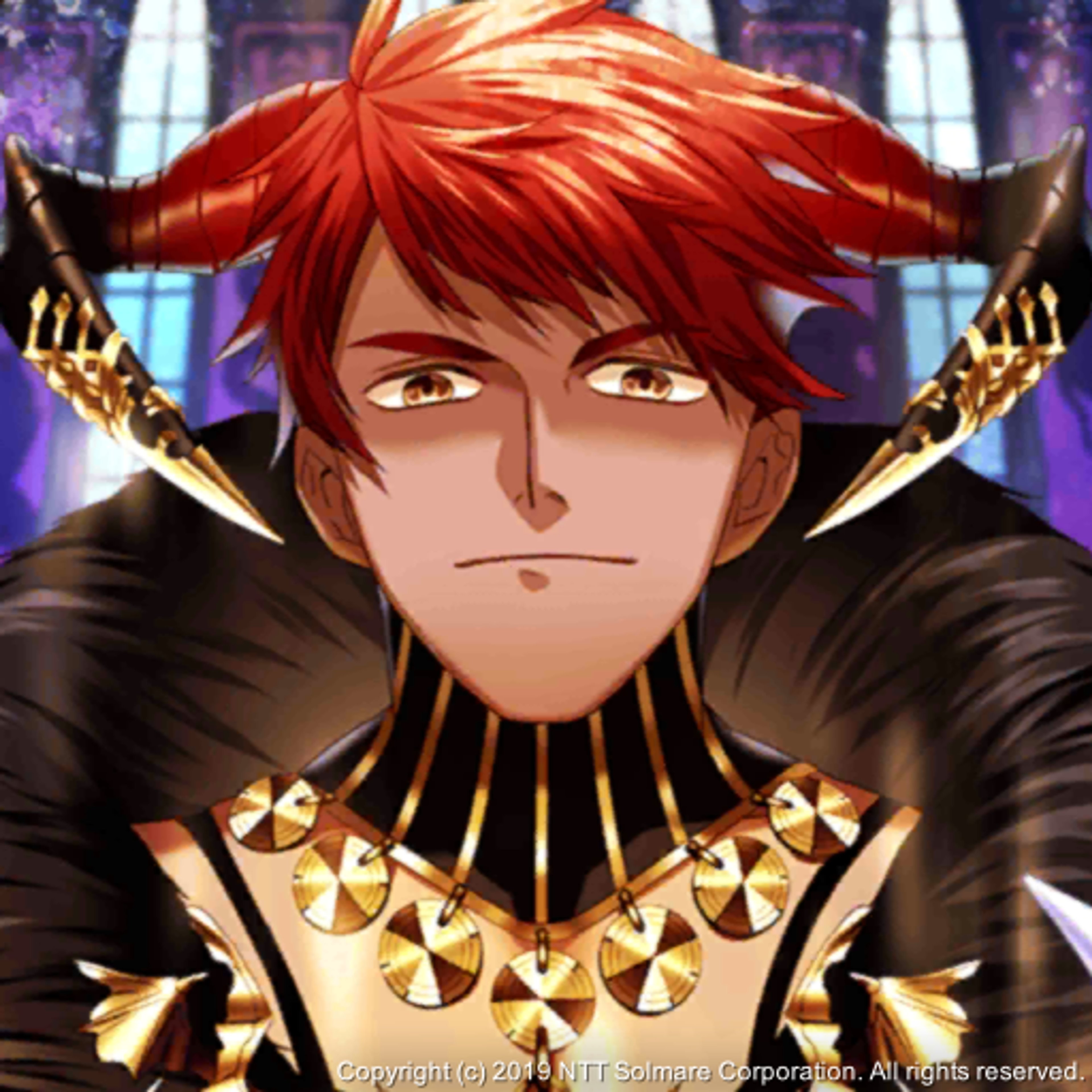 A powerful, demonic-looking character with red hair and an intense expression, wearing a black and gold outfit.