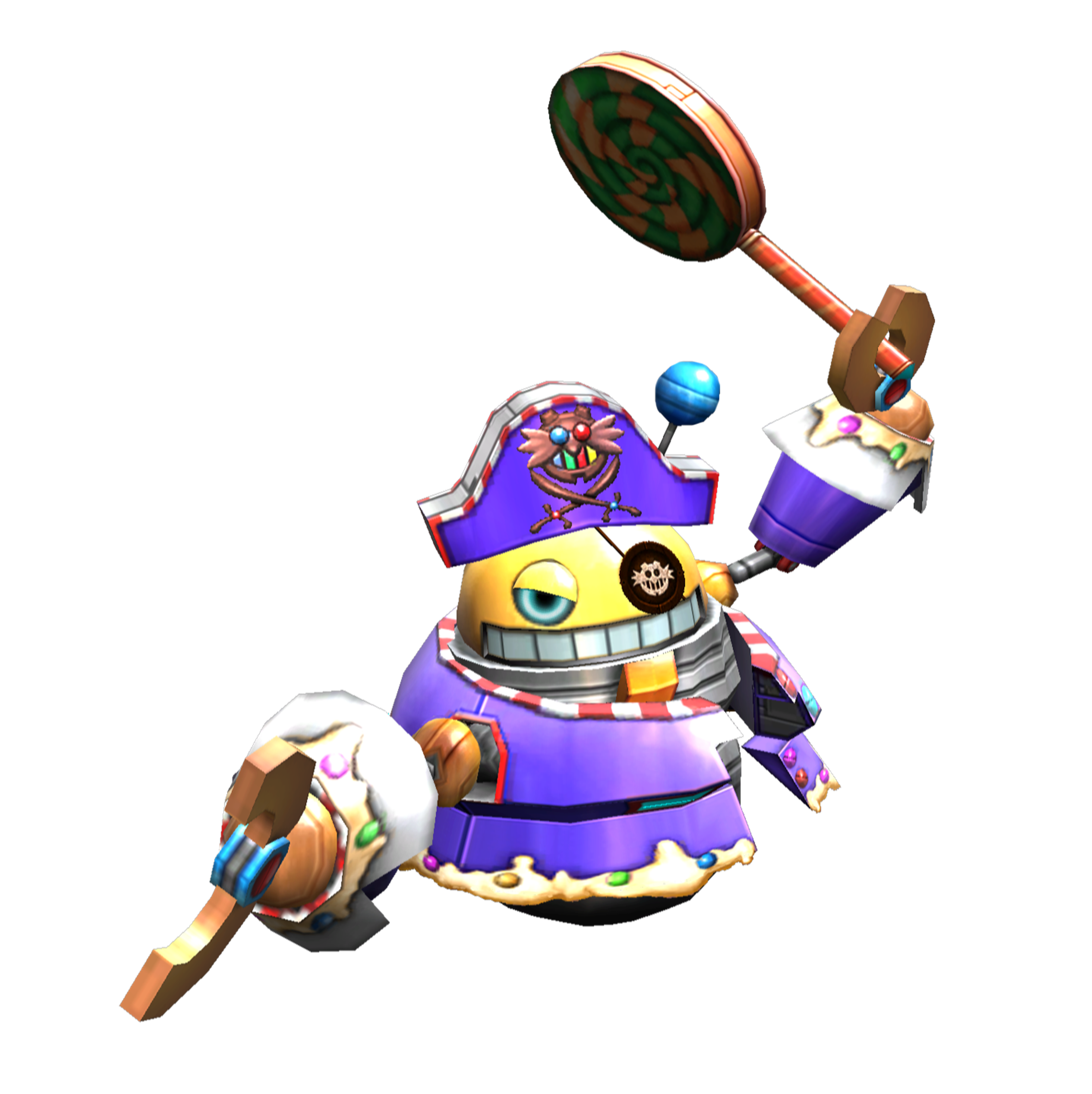 A jellybean-shaped robotic pirate character with a lollipop sword and a cushioned bottom, surrounded by bouncy rubber minions on a candy-themed pirate ship.