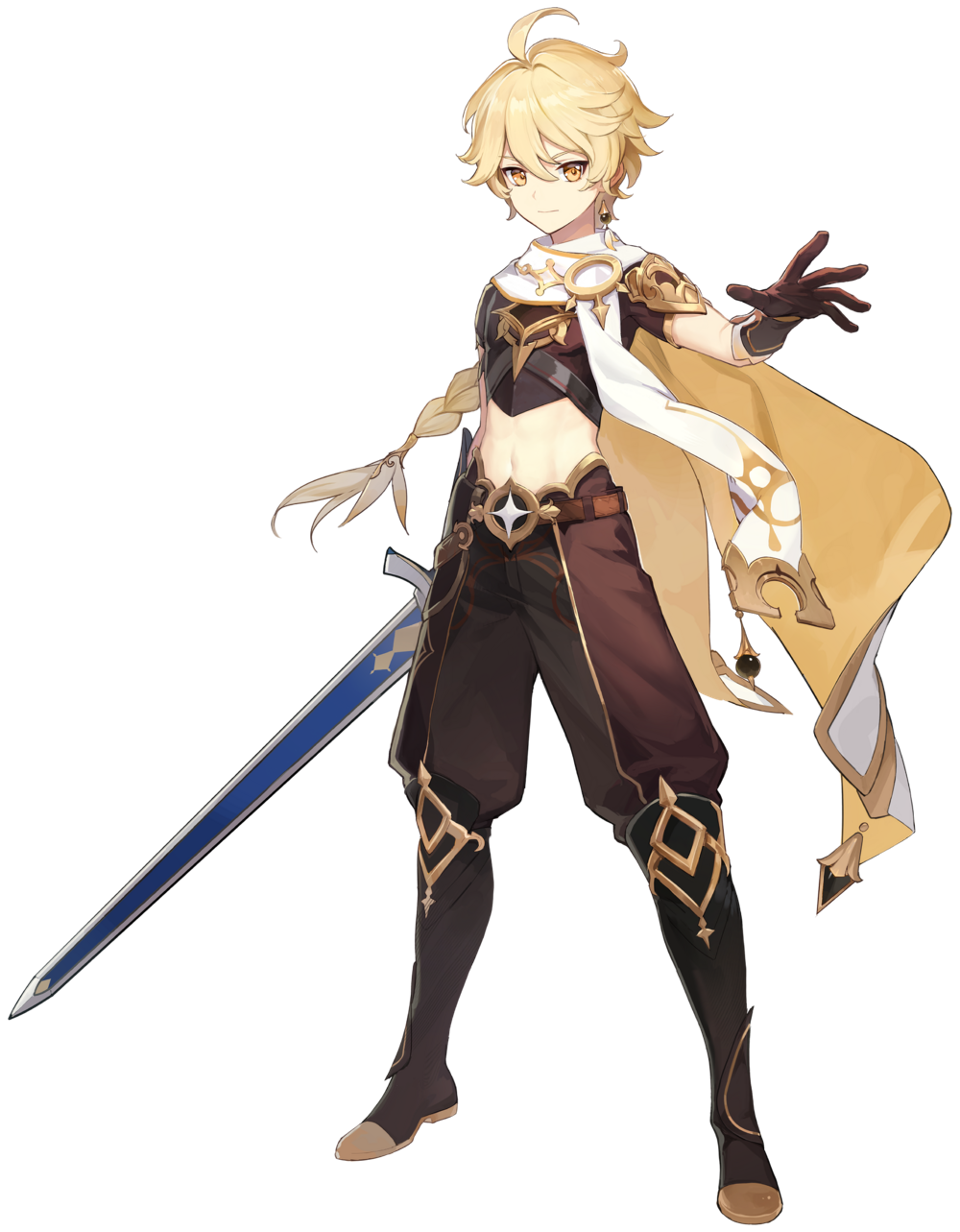 A young, anime-inspired character with blonde hair, wearing a brown and gold outfit and holding a sword.