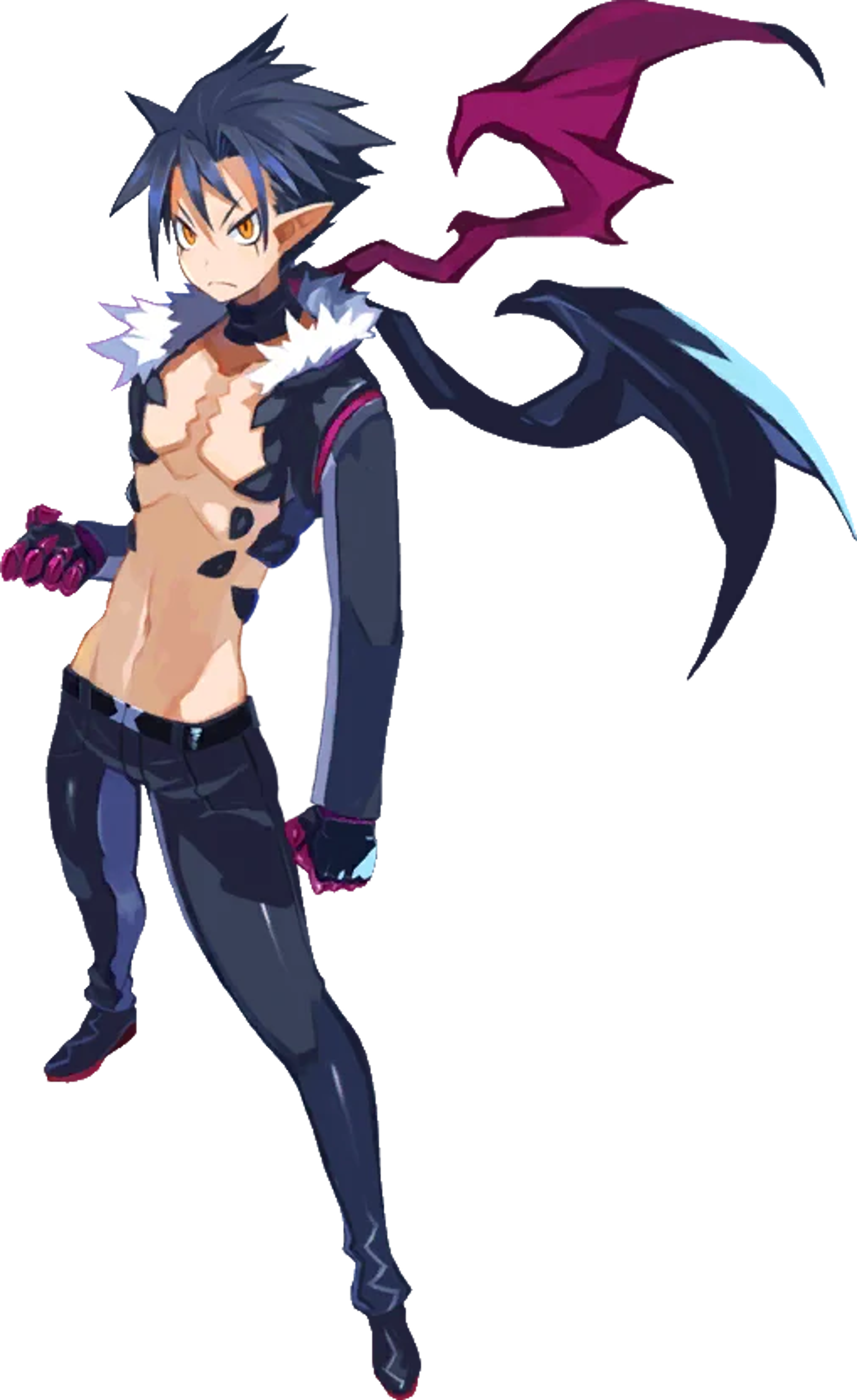 An anime-style character with blue hair, yellow eyes, and a grey-blue jacket with red accents, in a dynamic martial arts pose.