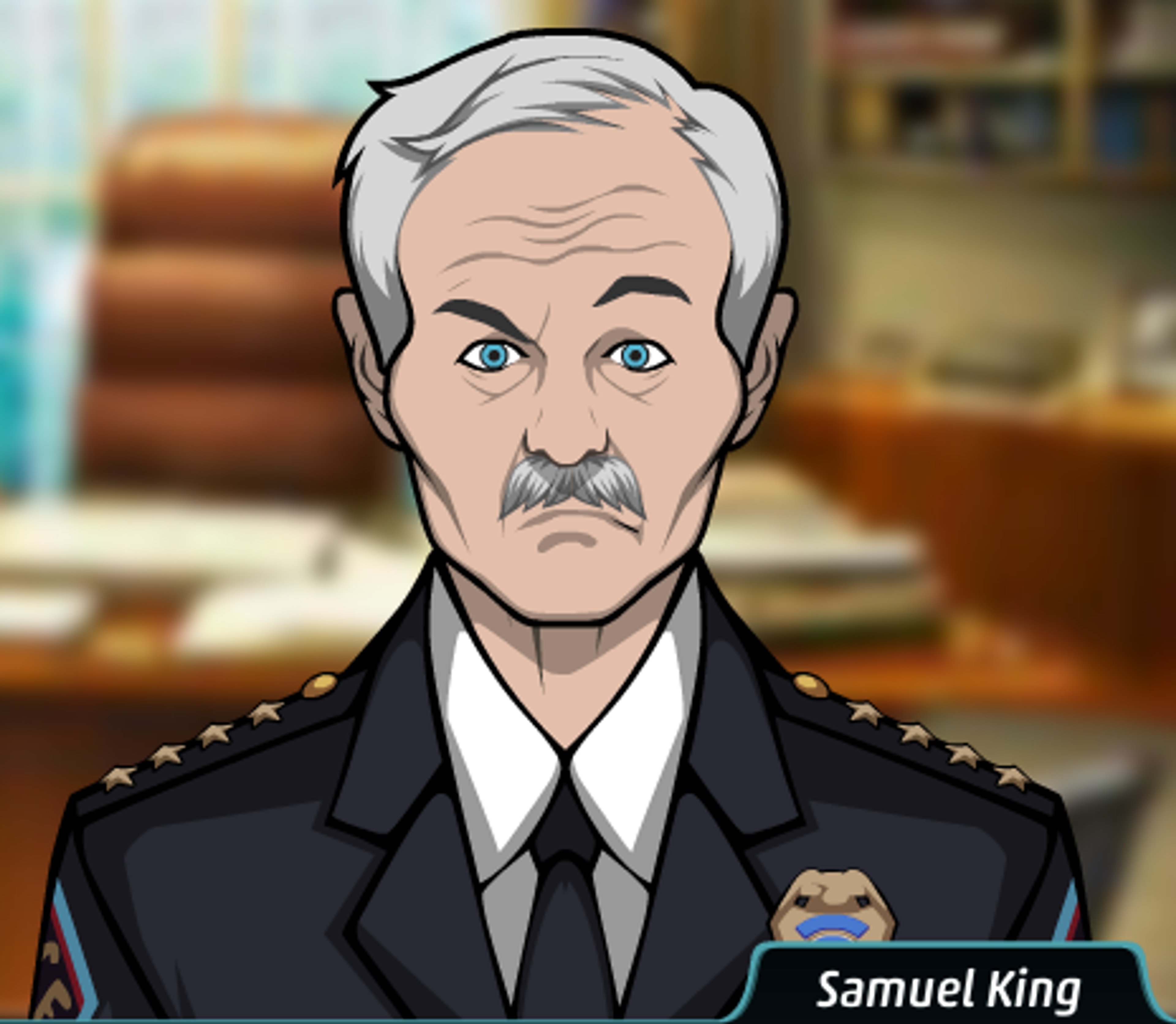 An older man in a police uniform with a stern expression