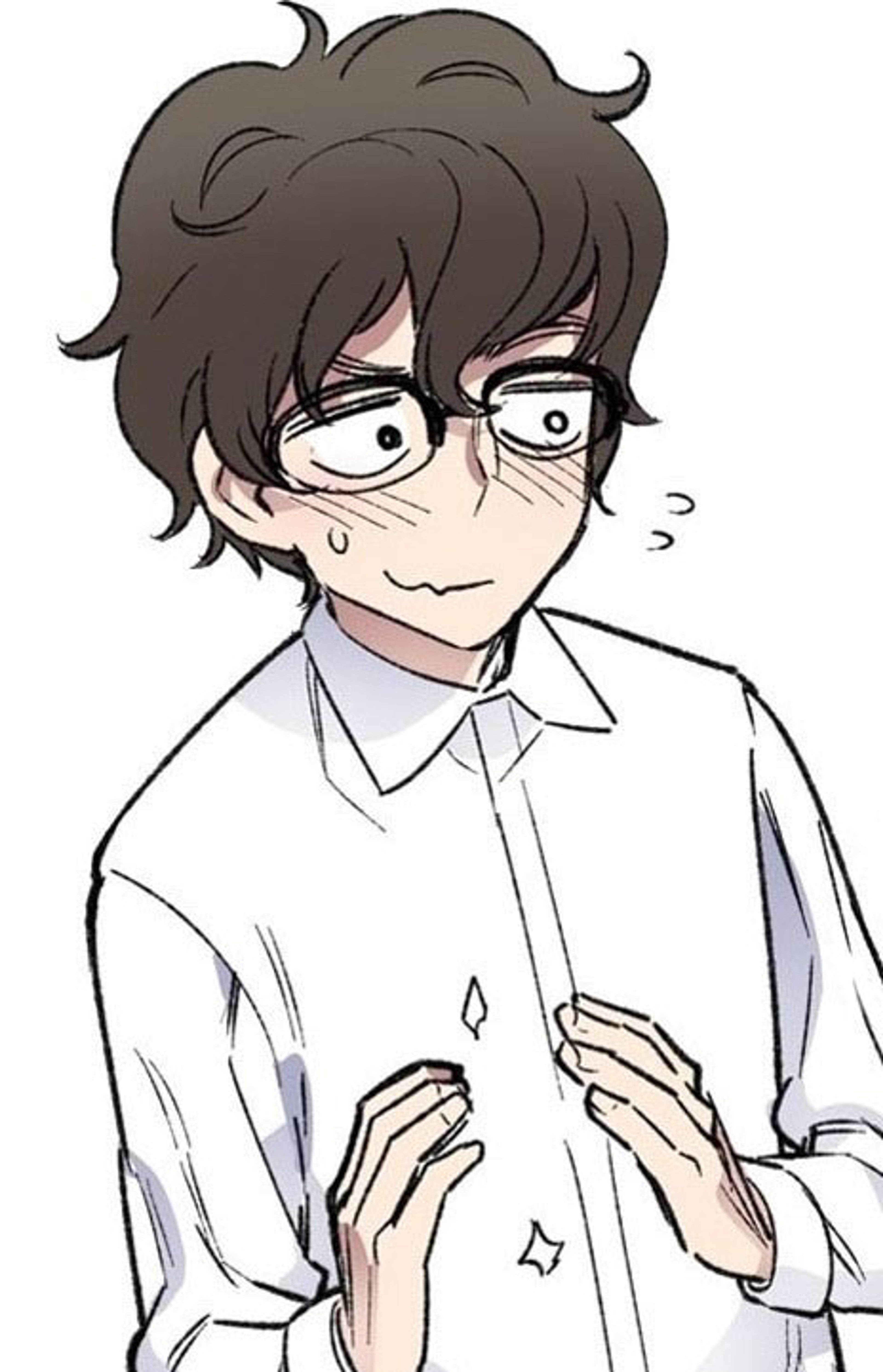 A young male anime-style character with dark hair and a nervous expression, wearing a white shirt.