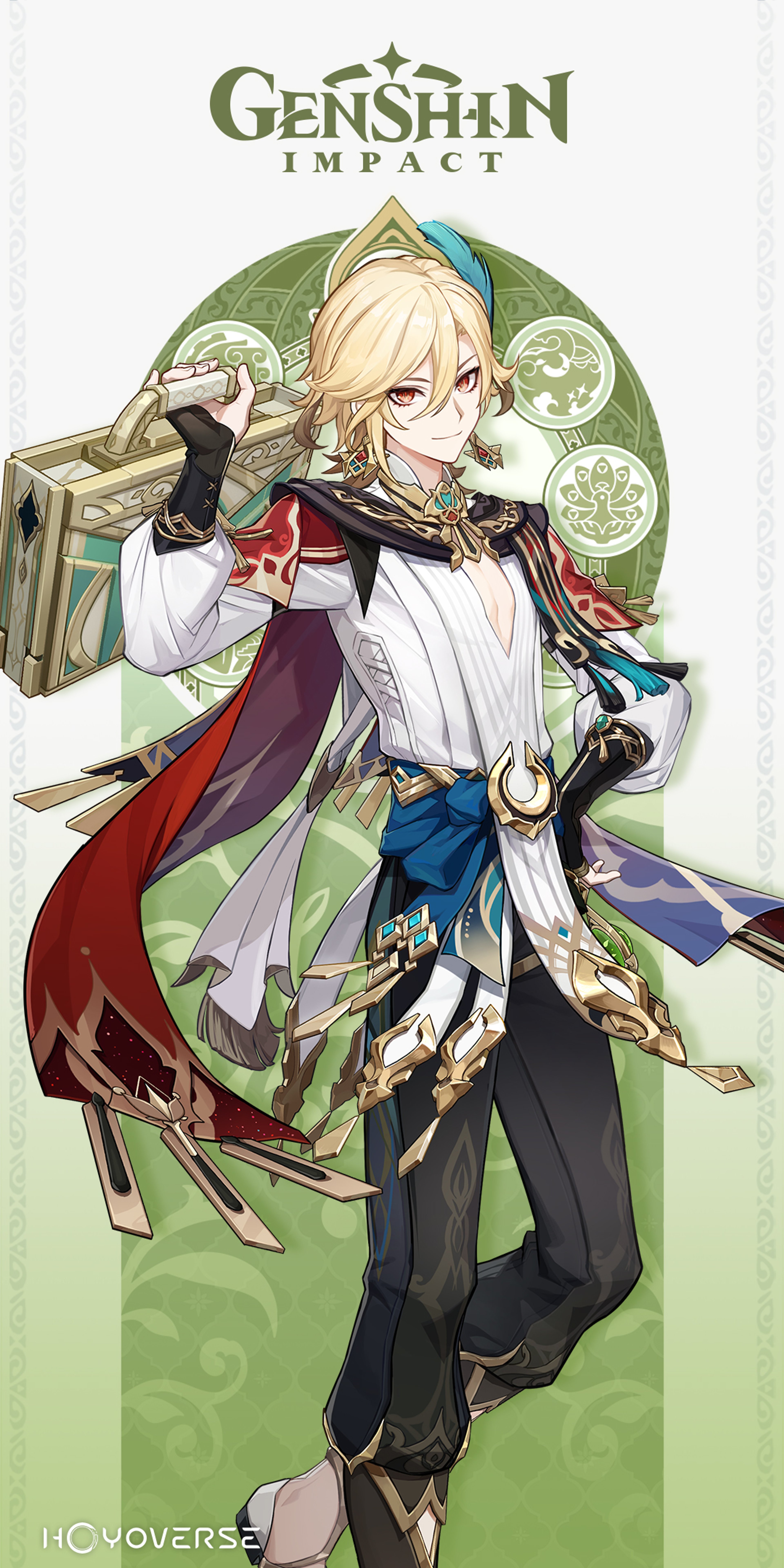 A male character with long, blonde hair wearing a white and red outfit and holding a large book or tome in a lush, green environment.