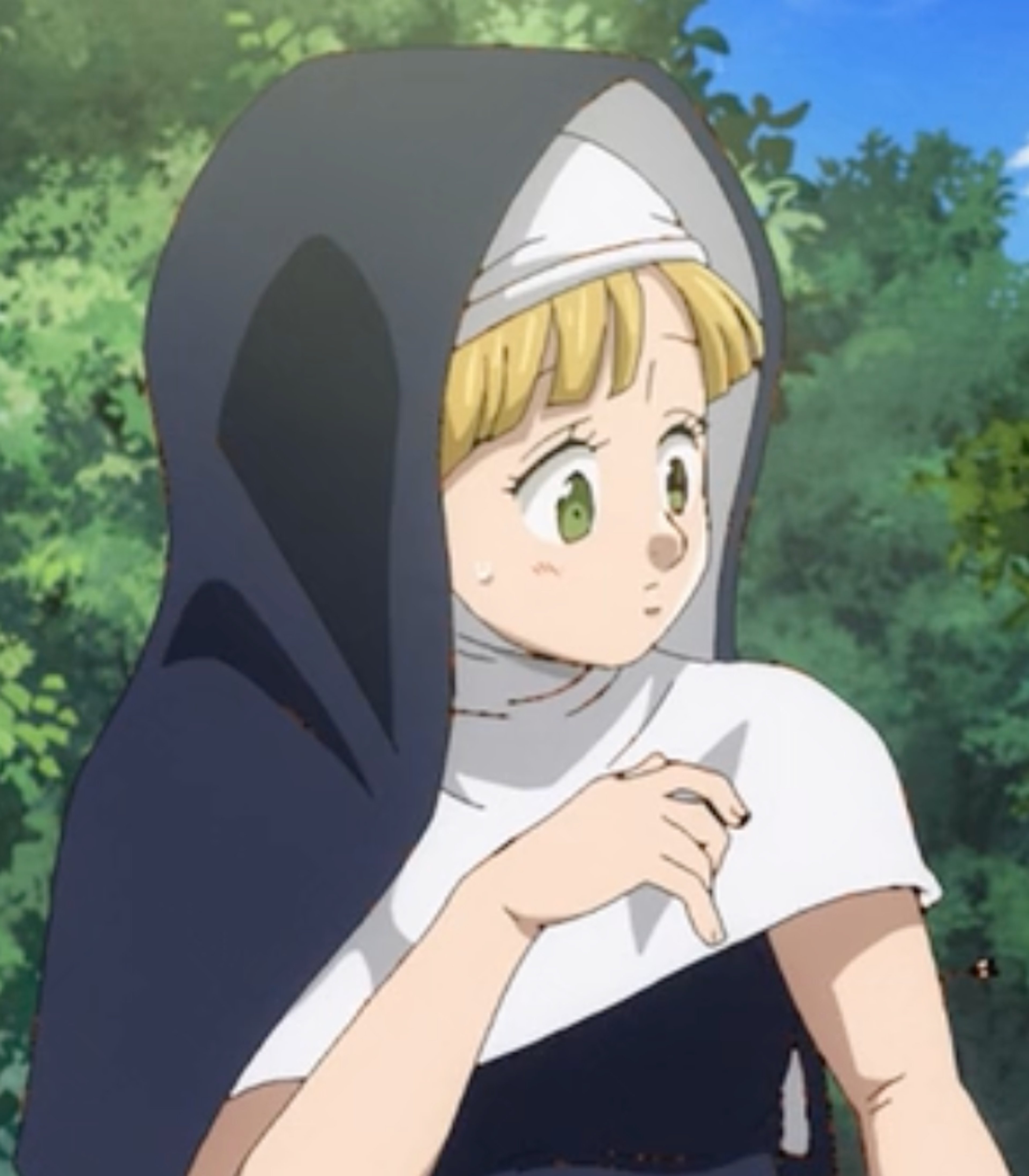 An anime-style character of a tall, blonde giantess wearing a nun's habit and sandals