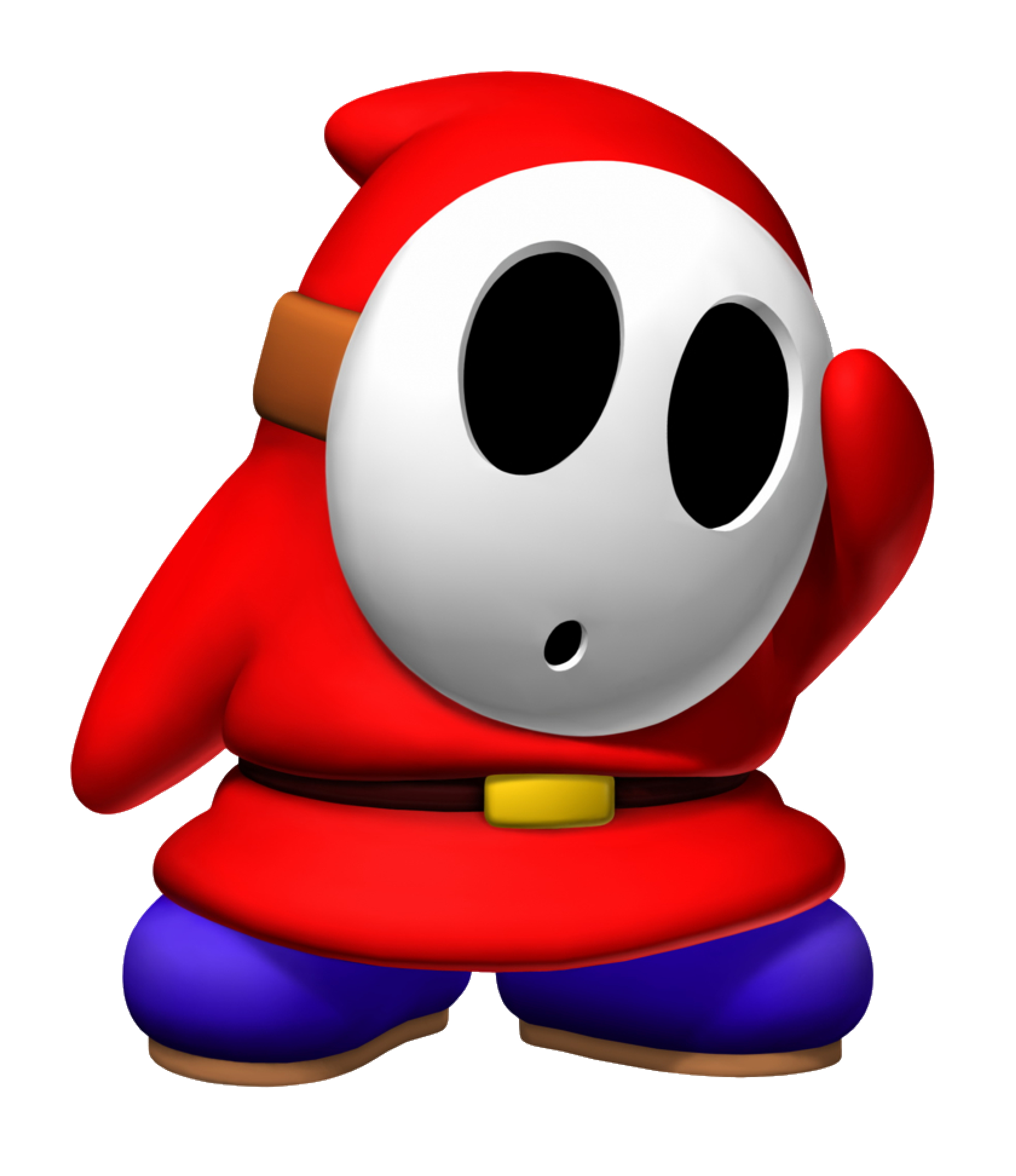 A character from the Mario franchise known as Shy Guy, wearing a red robe and white mask.
