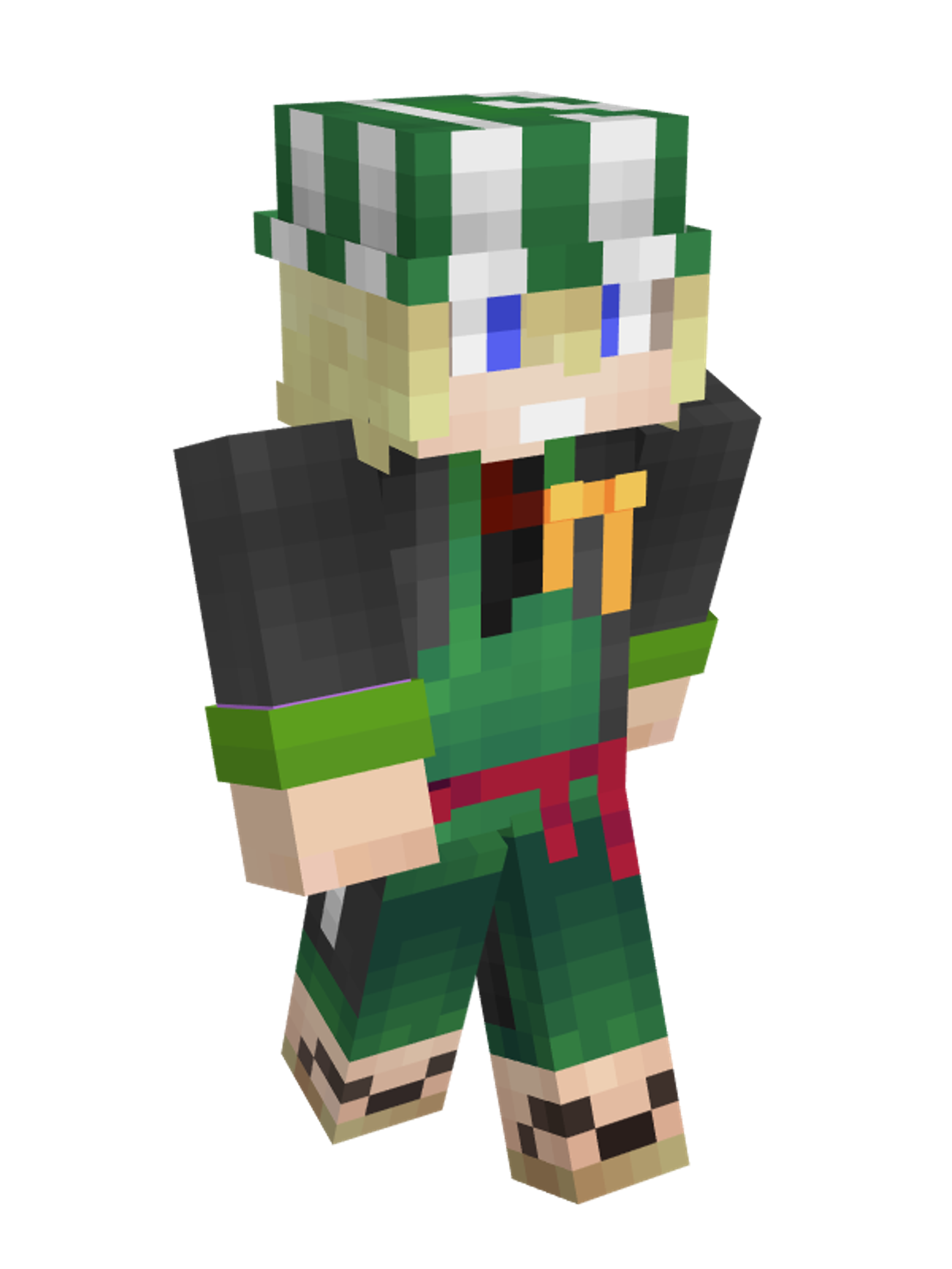 A pixelated character with a green and white striped hat, black shirt, and green pants.