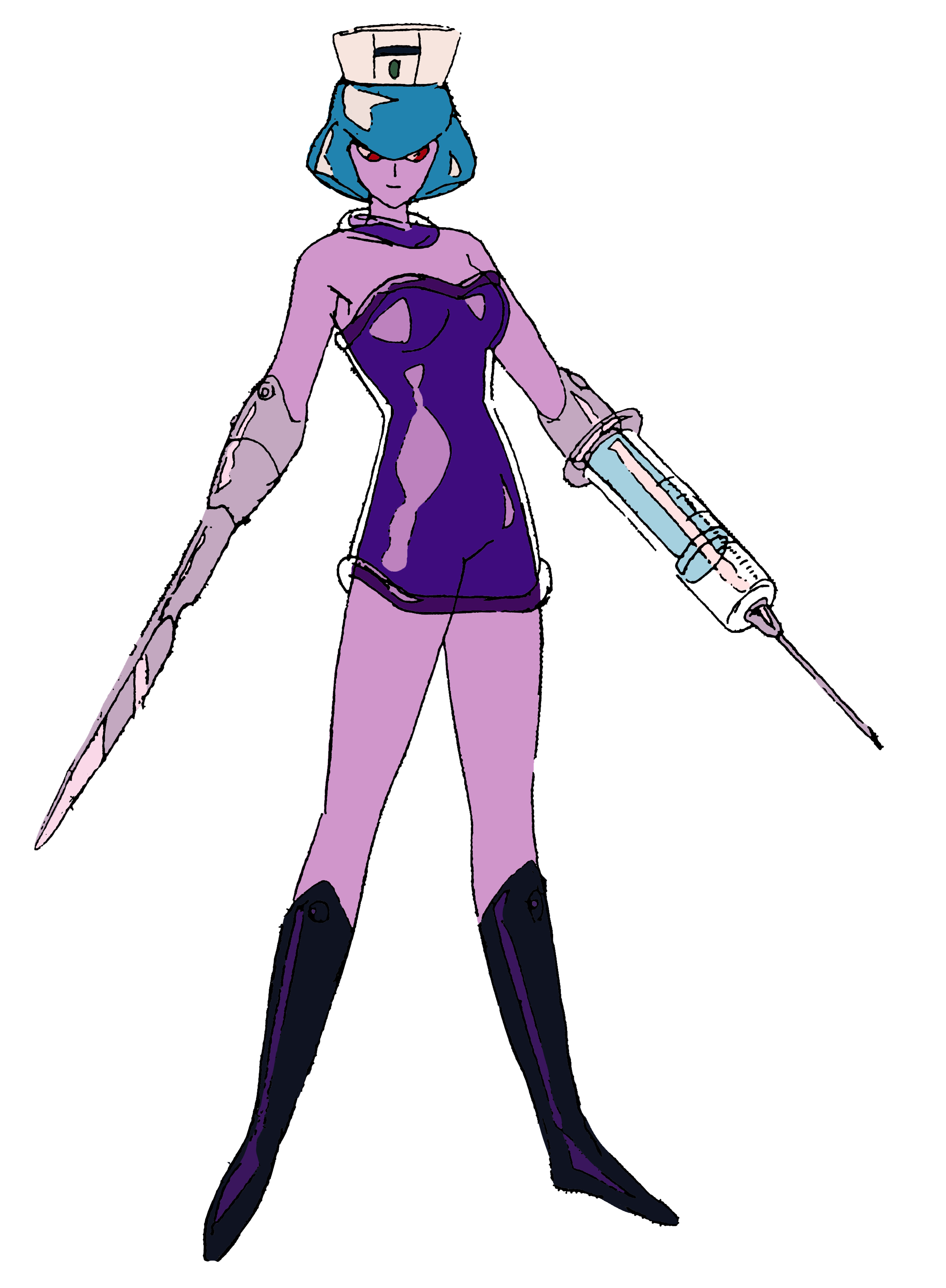 A robotic character with medical instrument limbs