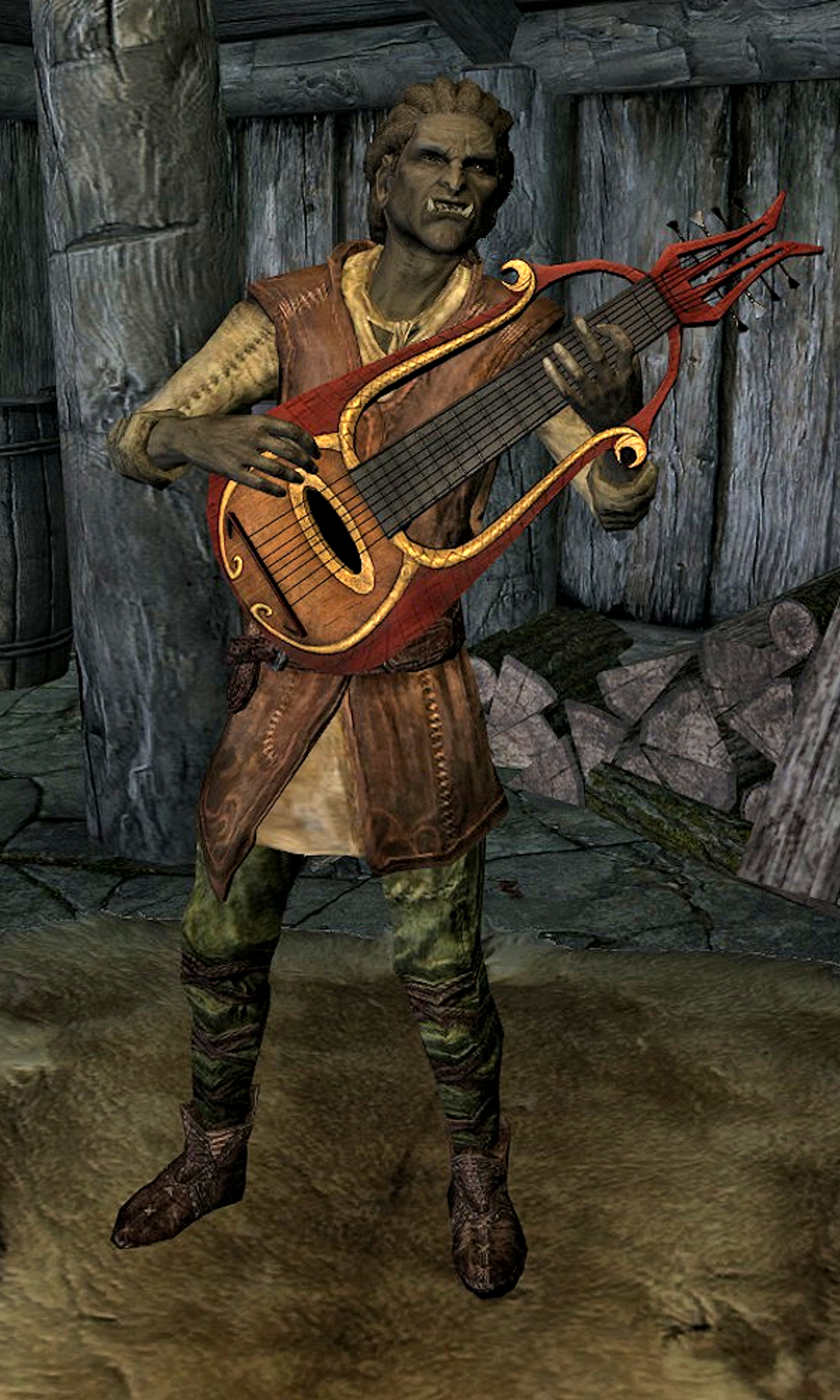An Orsimer bard holding a lute in a rustic setting