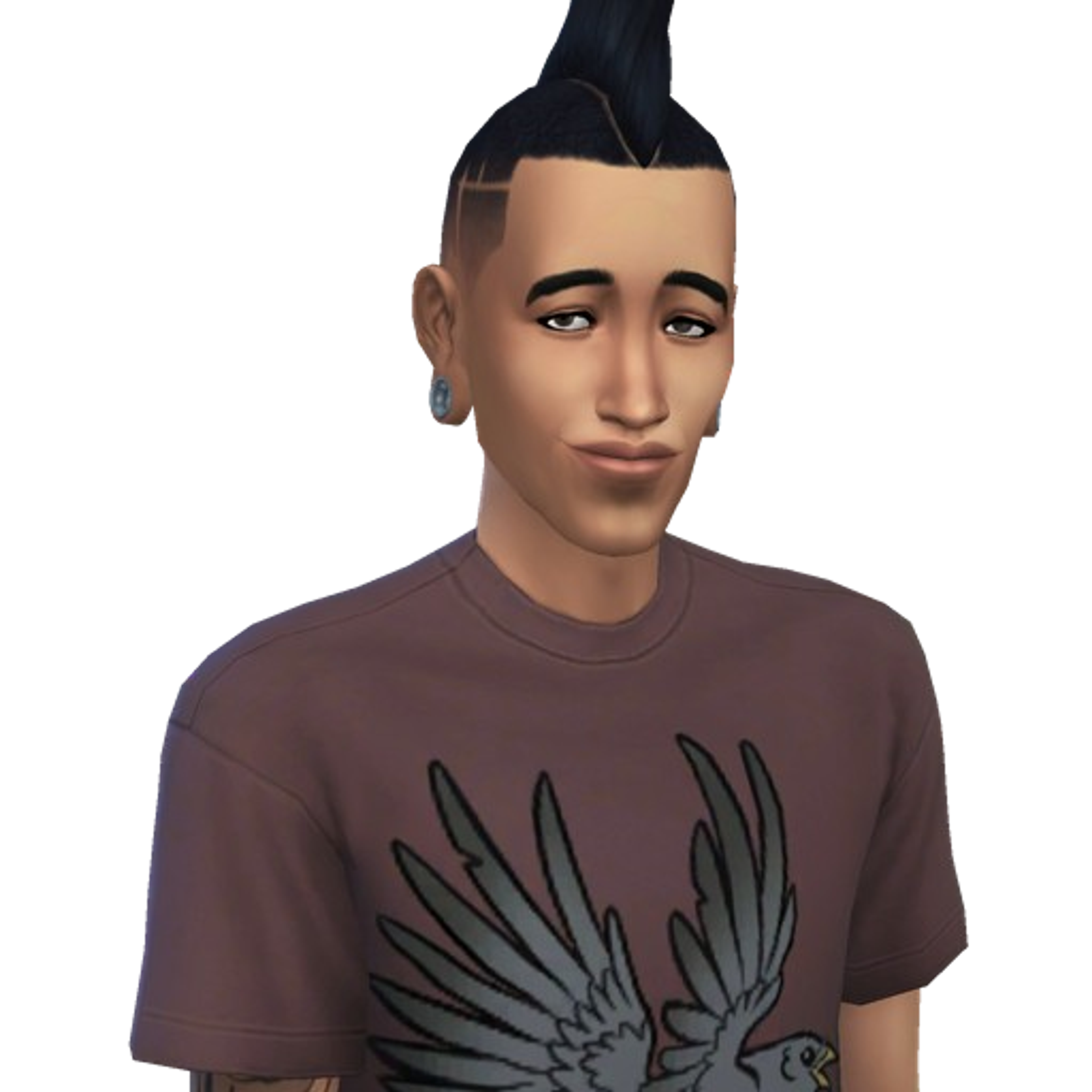 A young male character with a black mohawk hairstyle wearing a purple t-shirt