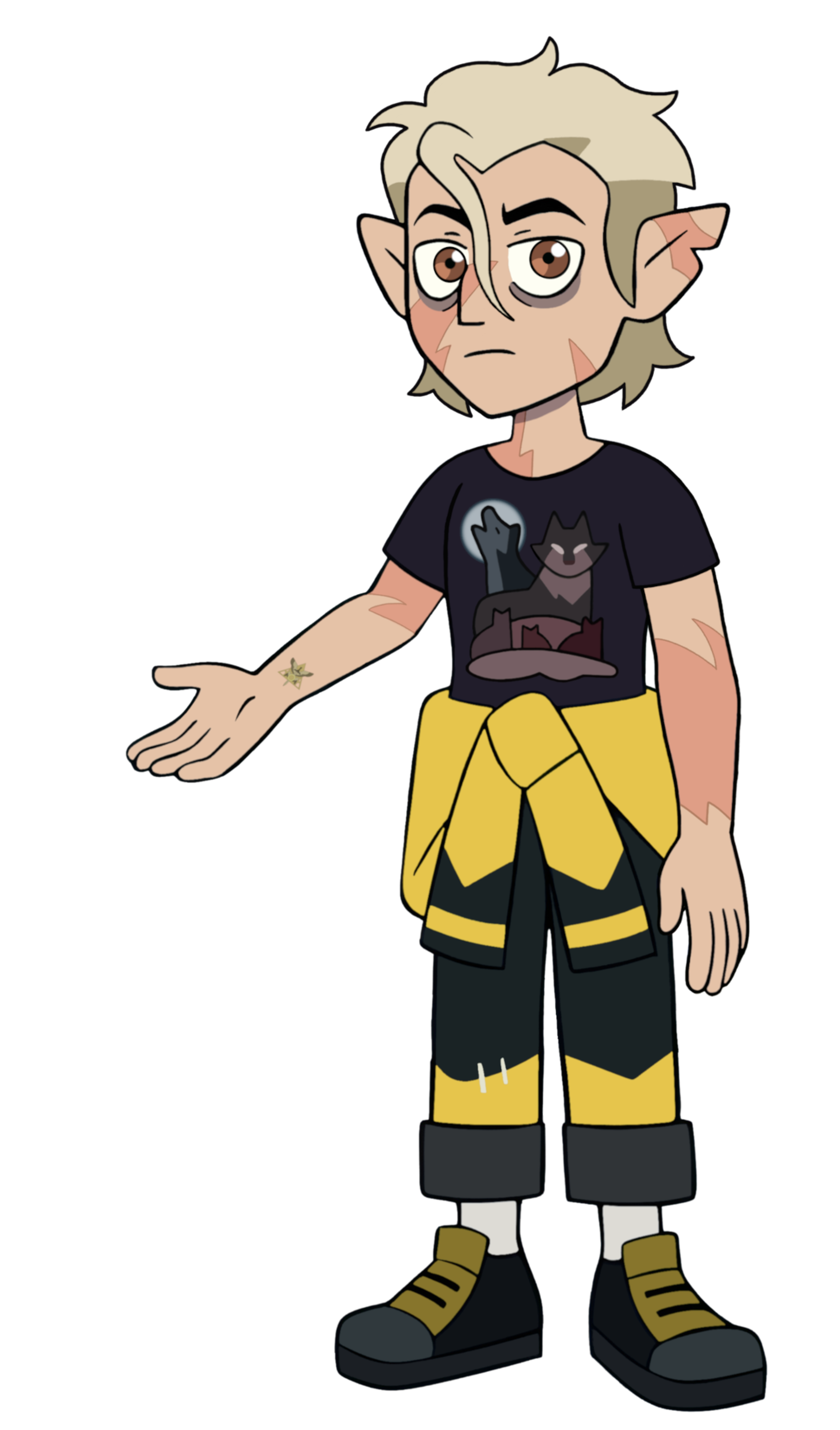 A young male character with blond hair wearing a black shirt and yellow pants