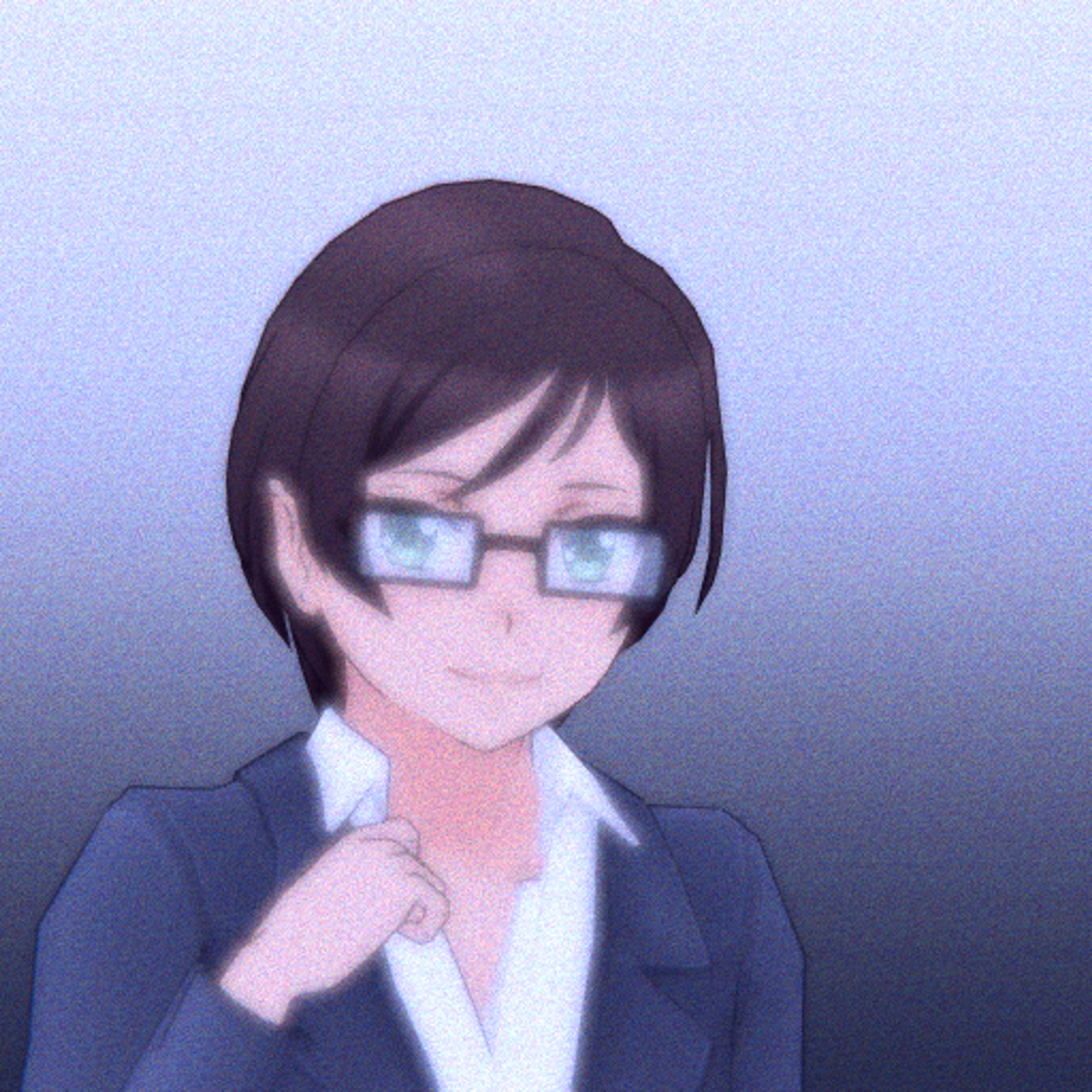 An anime-style character wearing a 1980s teacher's uniform with short dark brown hair and light green eyes