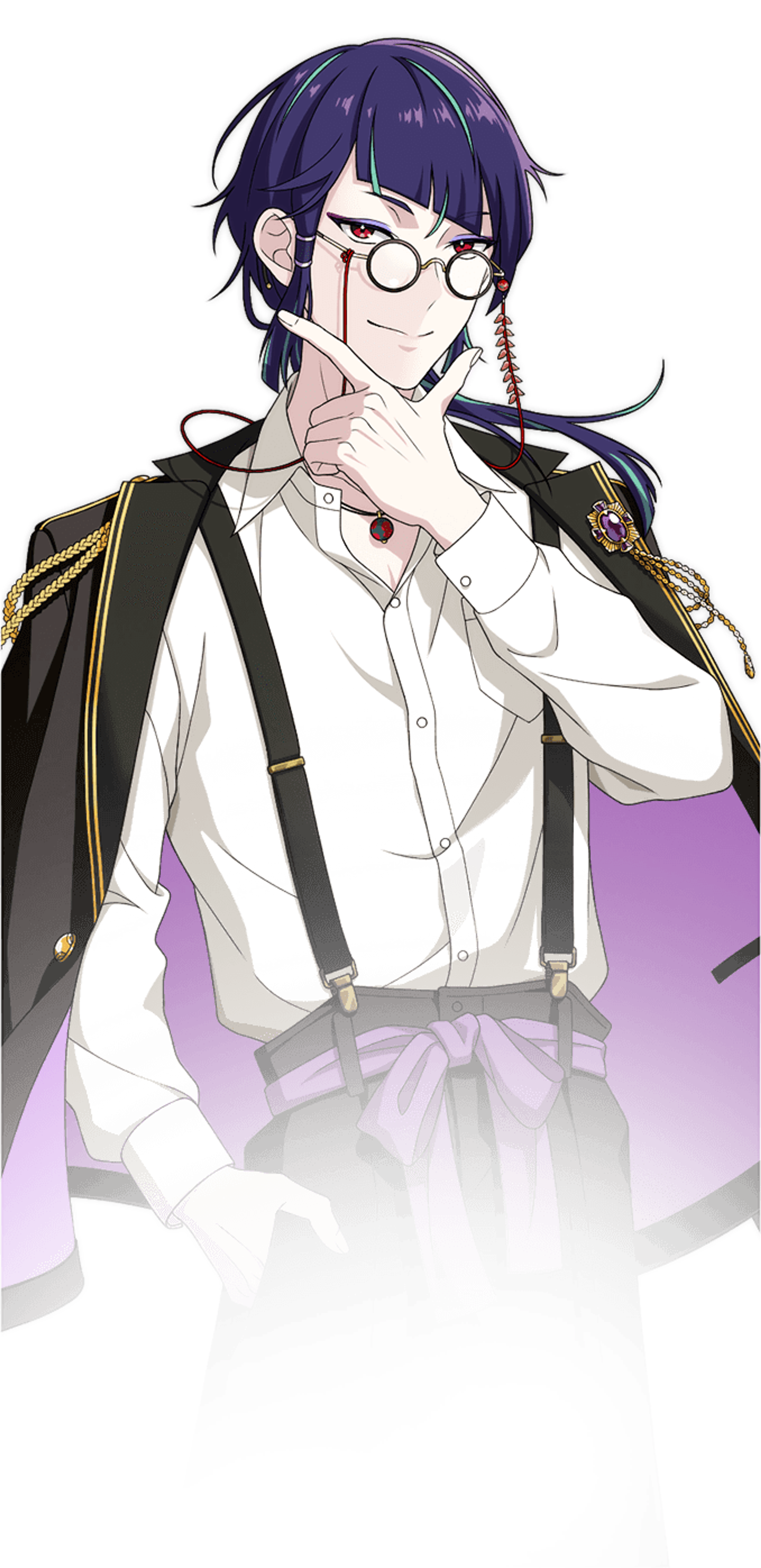 A young man with long purple hair and glasses wearing a white shirt with suspenders, making a dramatic hand gesture.