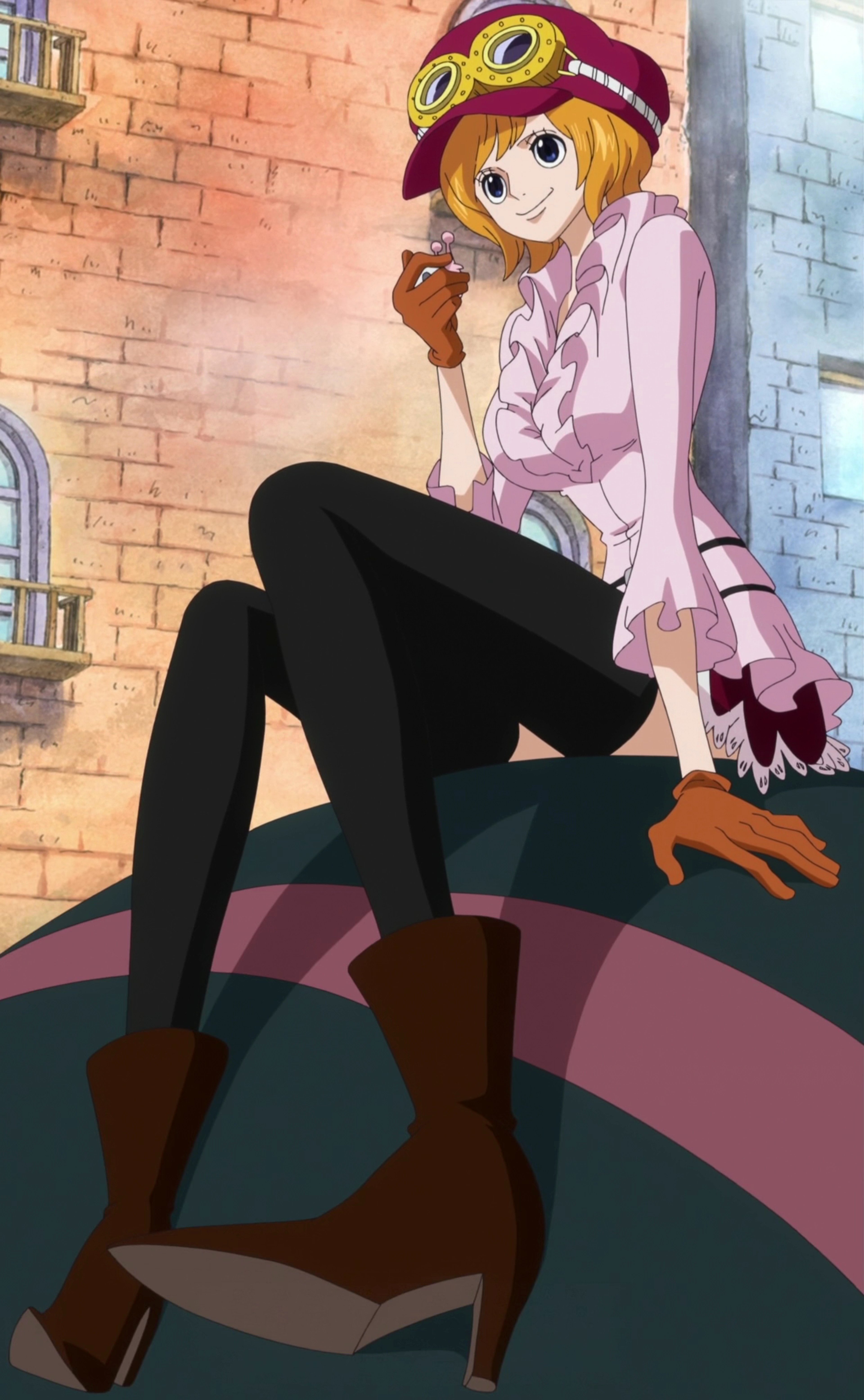 An anime-style character with pink hair, a pink hat, and a pink outfit, sitting on the ground with a friendly expression.