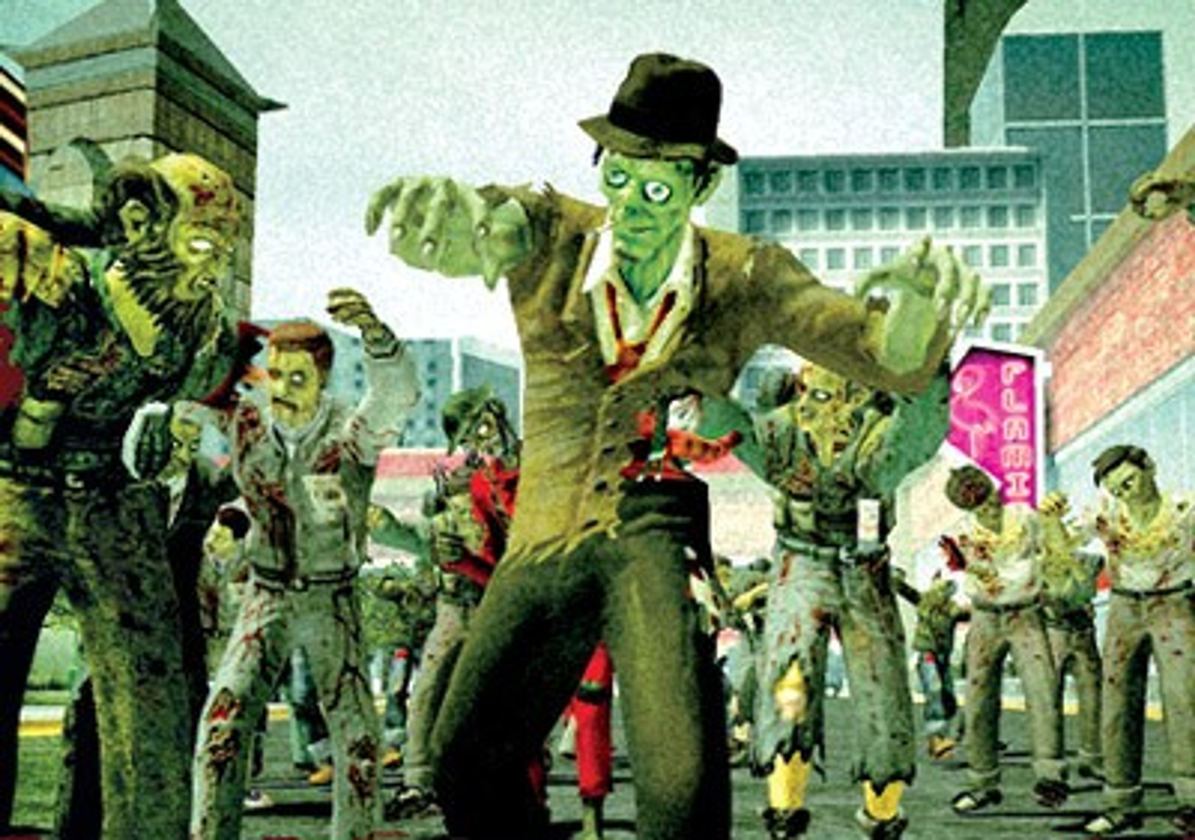 A group of zombie characters in a retro-futuristic city setting, led by a green-skinned zombie named Stubbs.